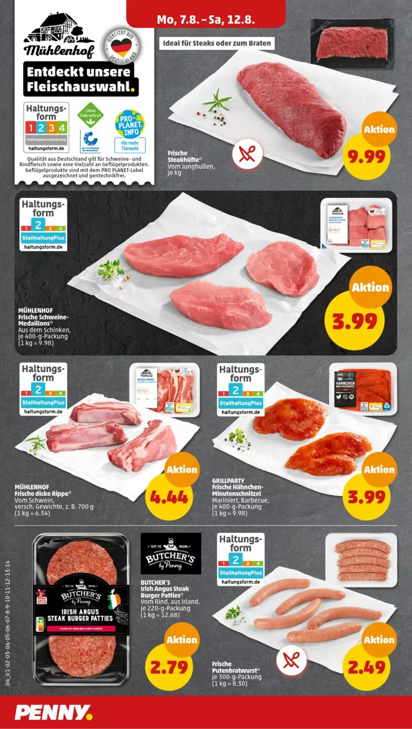 Aktueller Prospekt Penny - Prospekte - von 07.08 bis 12.08.2023 - strona 4 - produkty: barbecue, braten, bratwurst, burger, butcher's, eis, ente, fleisch, Frische Hähnchen, Geflügel, geflügelprodukte sind mit dem, LG, mac, medaillons, minutenschnitzel, pute, rind, rindfleisch, schnitzel, schwein, schweine, steak, steakhüfte, steaks, Ti, wein, weine, wurst