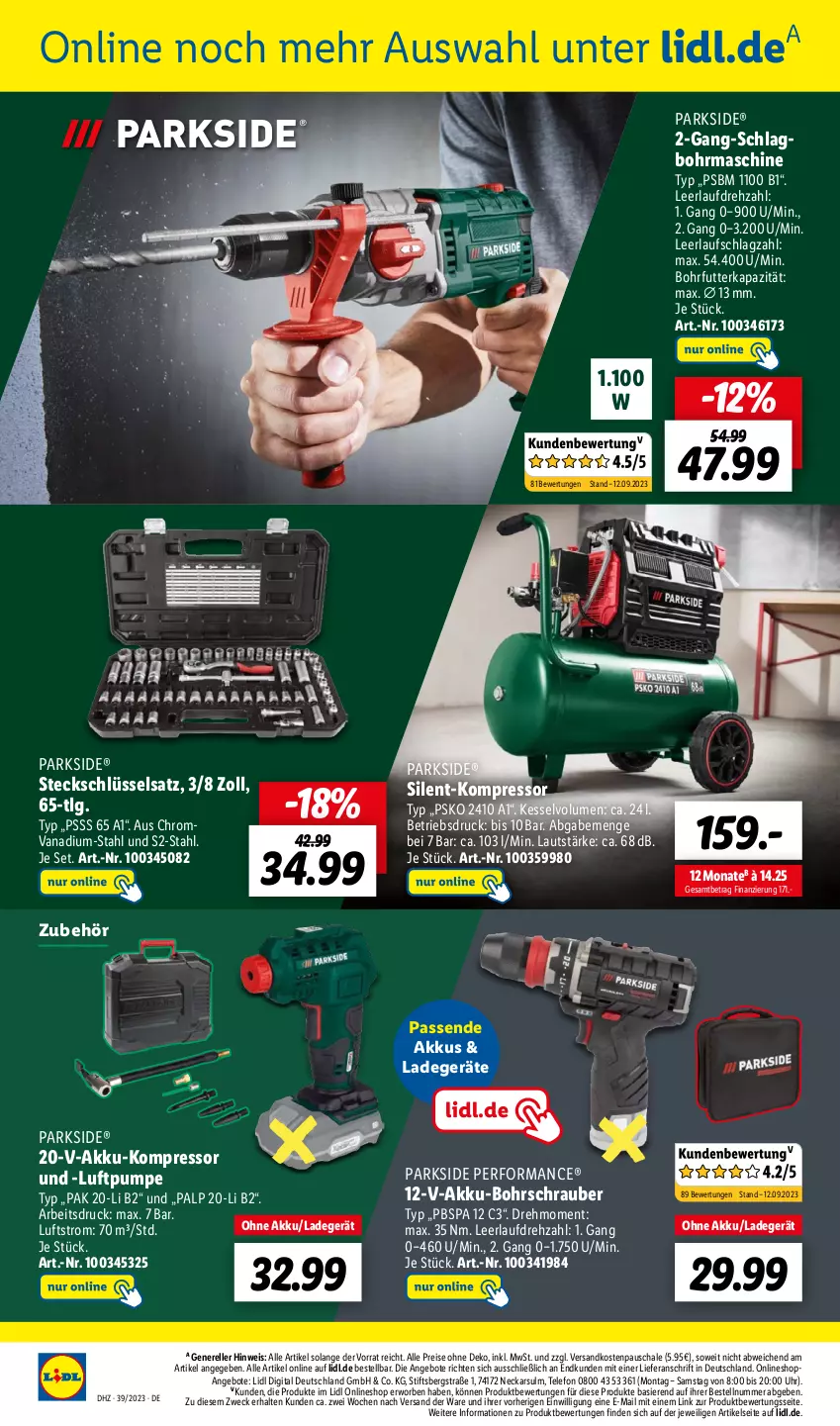 Aktueller Prospekt Lidl - Wochen-Highlights im Onlineshop - von 25.09 bis 01.10.2023 - strona 4 - produkty: akku, akku-bohrschrauber, angebot, angebote, Bohrschrauber, eis, elle, kompressor, ladegerät, LG, ndk, Parkside, reis, rel, Schal, Schale, schlagbohrmaschine, Steckschlüsselsatz, telefon, Ti, uhr, weck