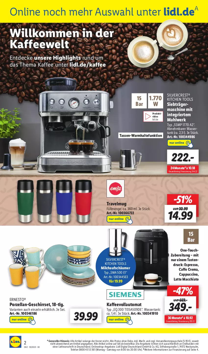 Aktueller Prospekt Lidl - Wochen-Highlights im Onlineshop - von 25.09 bis 01.10.2023 - strona 6 - produkty: ACC, angebot, angebote, auto, caffe, Cap, cappuccino, chia, cin, decke, deo, eis, elle, ernesto, espresso, Germ, geschirr, kaffee, kaffeevollautomat, latte, latte macchiato, LG, mac, macchiato, milch, milchaufschäumer, ndk, reis, rel, Ria, Schal, Schale, silvercrest, tasse, telefon, Ti, uhr, wasser, wassertank