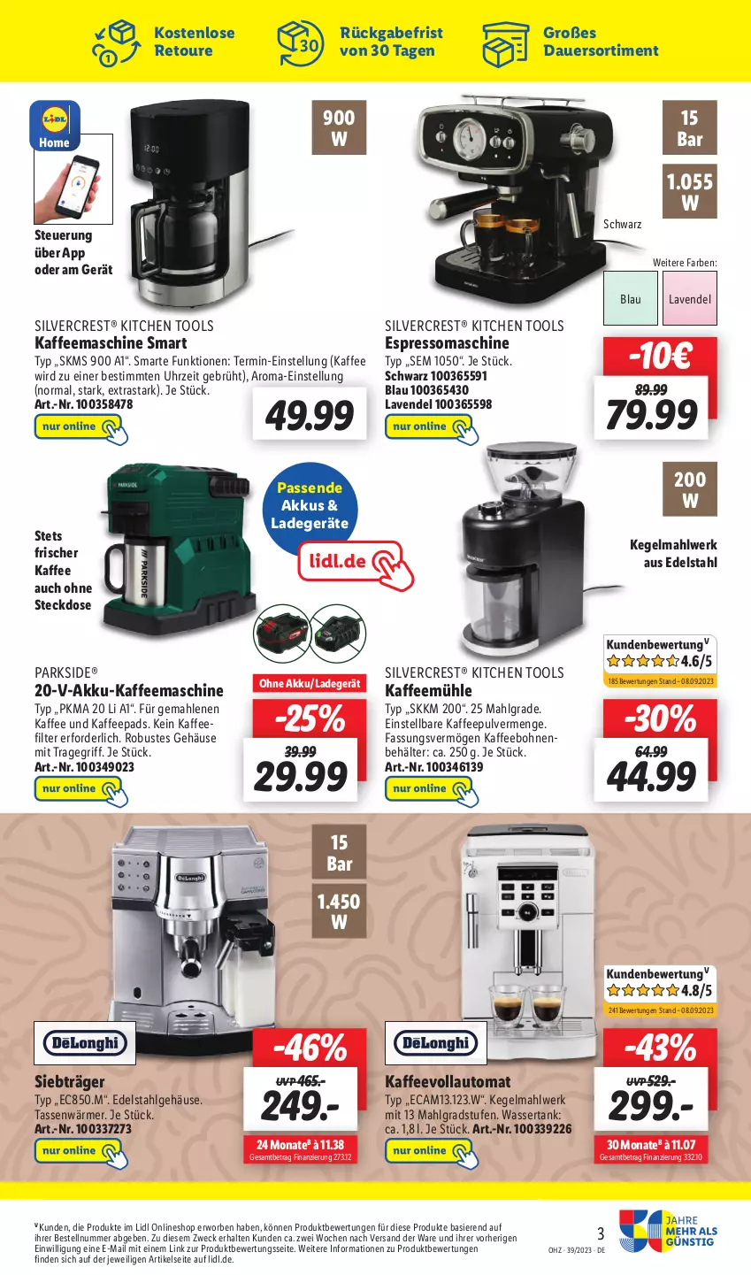 Aktueller Prospekt Lidl - Wochen-Highlights im Onlineshop - von 25.09 bis 01.10.2023 - strona 7 - produkty: akku, auer, auto, Behälter, bohne, bohnen, edelstahl, espresso, kaffee, kaffeebohnen, kaffeemaschine, Kaffeemühle, kaffeepads, kaffeevollautomat, ladegerät, lavendel, LG, Parkside, silvercrest, steckdose, tasse, Ti, tragegriff, uhr, wasser, wassertank, weck