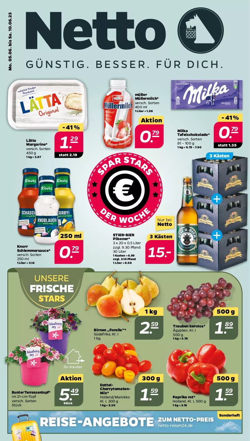 Aktueller Prospekt Netto - Woche 23 - von 05.06 bis 10.06.2023 - strona 1 - produkty: angebot, angebote, bier, Birnen, cherrytomaten, eis, elle, forelle, knorr, lätta, margarine, milch, milka, Müller, müllermilch, paprika, paprika rot, pils, pilsener, reis, rel, sauce, schlemmersauce, schoko, schokolade, Stier, tafelschokolade, Ti, tomate, tomaten, topf, trauben