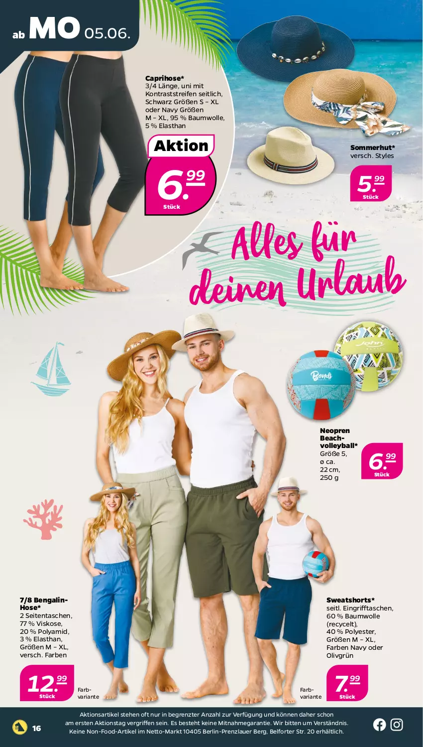 Aktueller Prospekt Netto - Woche 23 - von 05.06 bis 10.06.2023 - strona 16 - produkty: auer, ball, Bau, baumwolle, Bengalin, Cap, caprihose, hose, reifen, Ria, shorts, sweatshorts, Tasche, taschen, Ti, wolle, ZTE