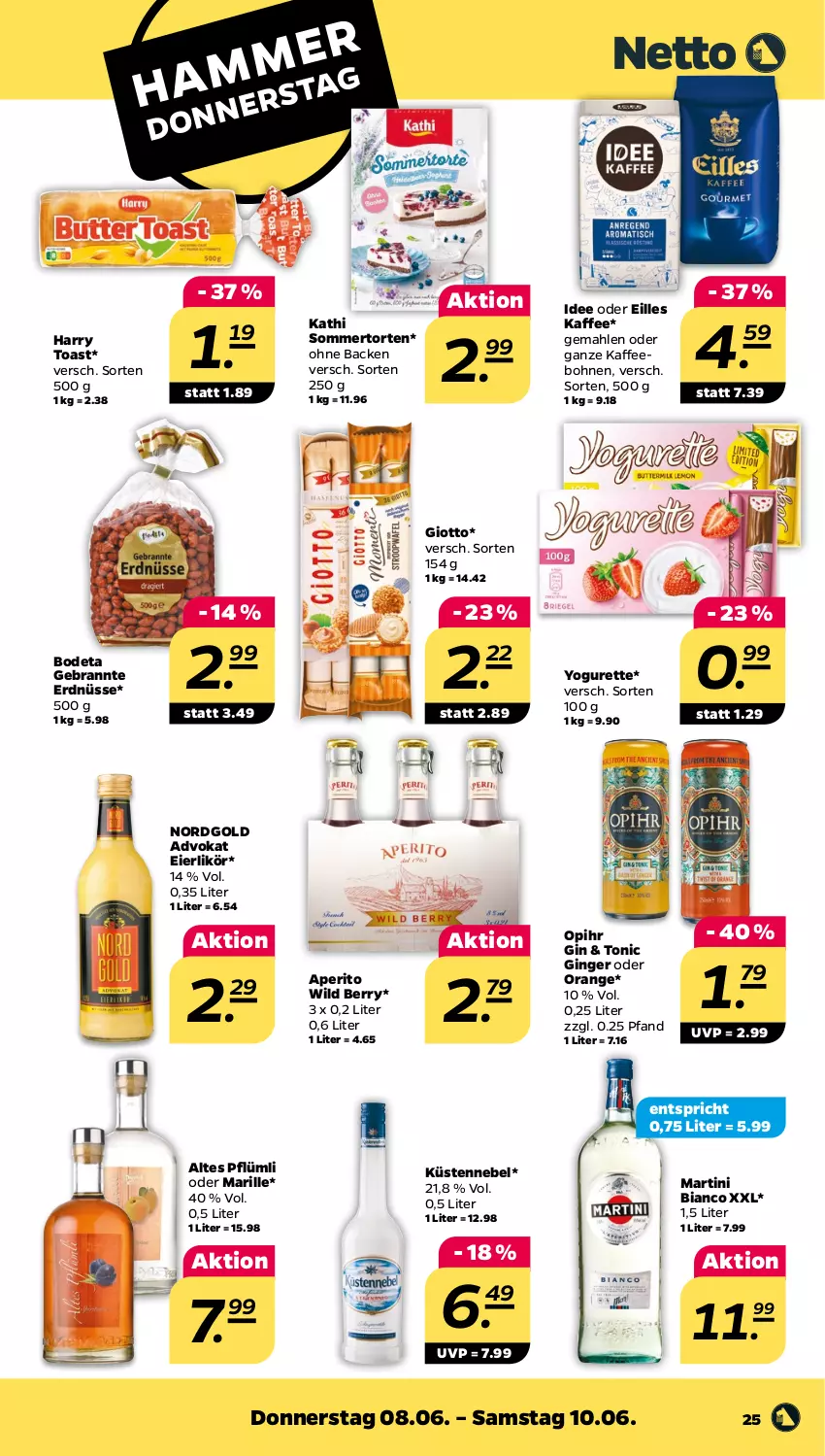 Aktueller Prospekt Netto - Woche 23 - von 05.06 bis 10.06.2023 - strona 25 - produkty: bohne, bohnen, eier, eierlikör, erdnüsse, Gebrannte Erdnüsse, gin, ginger, giotto, kaffee, kaffeebohnen, likör, martini, orange, Ti, toast, tonic, torte, Wild, wild berry, Yo, yogurette