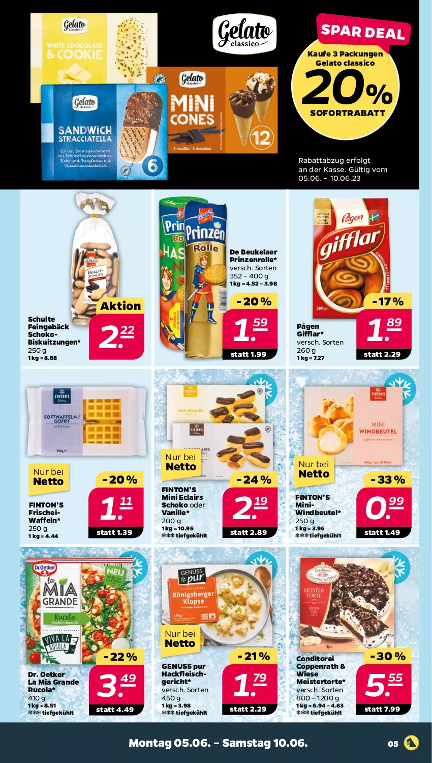 Aktueller Prospekt Netto - Woche 23 - von 05.06 bis 10.06.2023 - strona 5 - produkty: beutel, classico, cola, coppenrath, de beukelaer, Dr. Oetker, eis, fleisch, hackfleisch, LG, Meister, nuss, prinzenrolle, rucola, schoko, sofortrabatt, Ti, torte, vanille, waffeln, Windbeutel