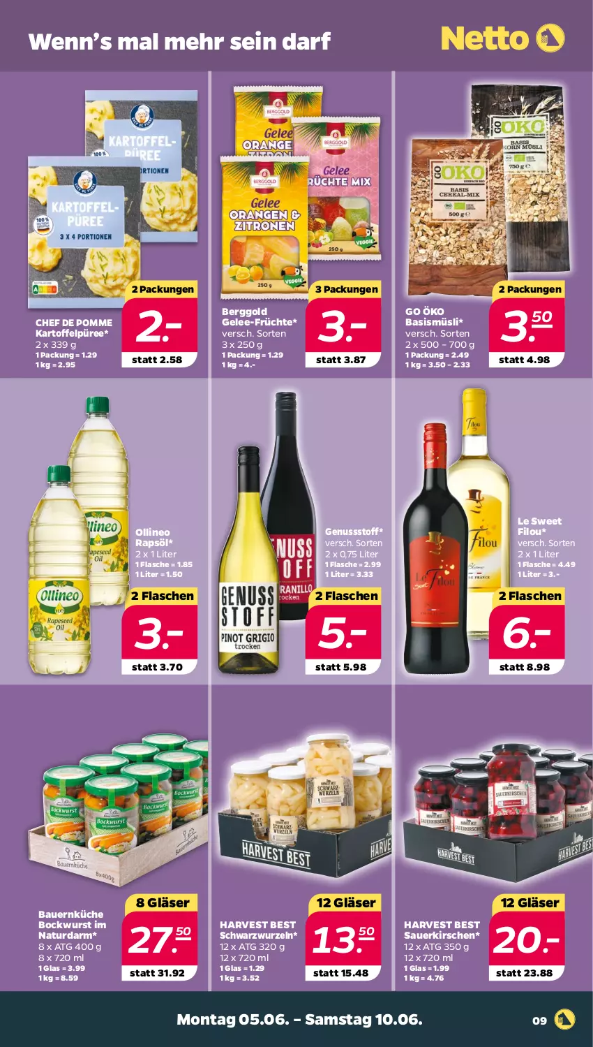 Aktueller Prospekt Netto - Woche 23 - von 05.06 bis 10.06.2023 - strona 9 - produkty: auer, Bau, Bauer, bockwurst, flasche, früchte, gelee, Gläser, kartoffel, Kartoffelpüree, kirsch, kirsche, kirschen, küche, müsli, natur, nuss, püree, rapsöl, sauerkirschen, wurst