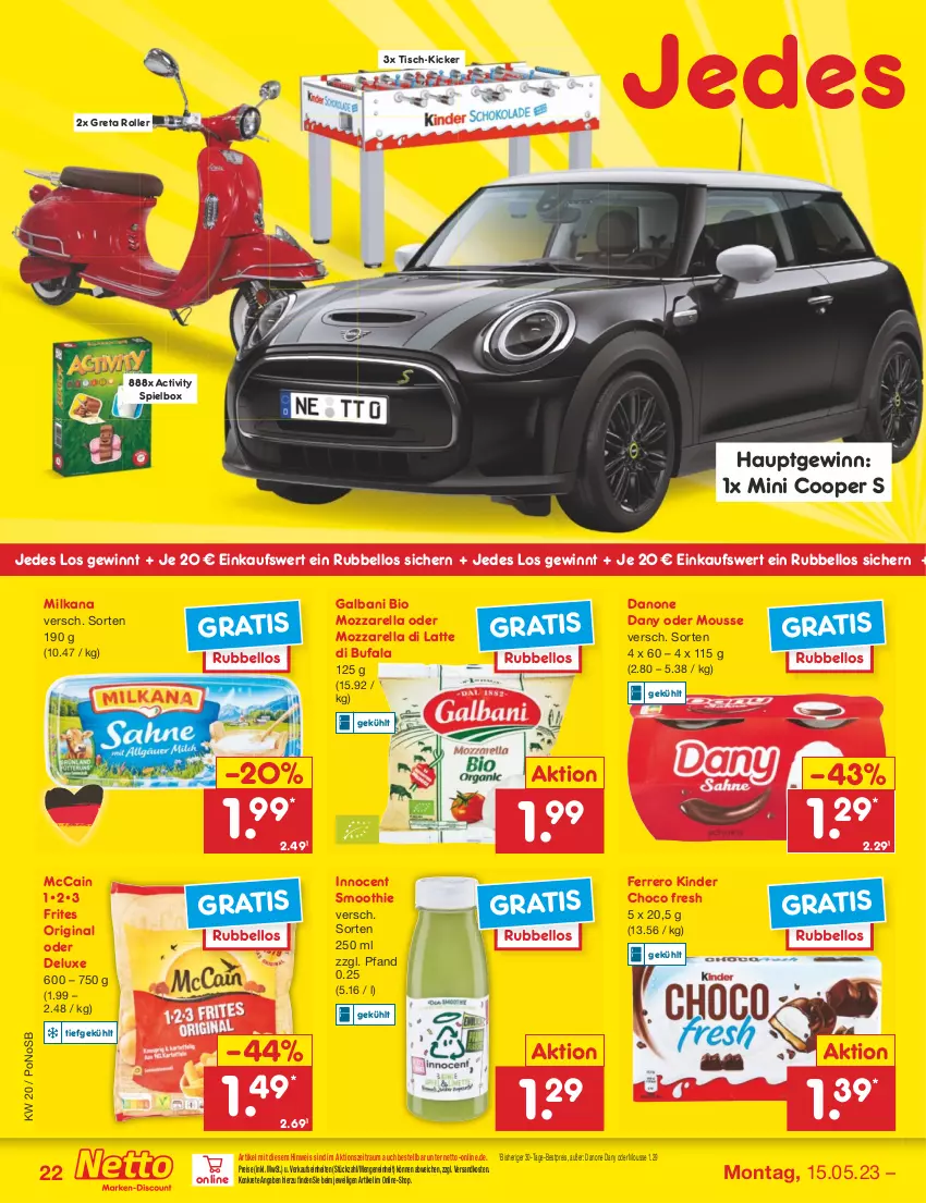 Aktueller Prospekt Netto Marken-Discount - Filial-Angebote - von 15.05 bis 20.05.2023 - strona 22 - produkty: bestpreis, bio, choco fresh, danone, Dany, di bufala, eis, ferrero, galbani, gin, Innocent, Kinder, Kinder Choco fresh, latte, mccain, milka, milkana, mousse, mozzarella, ndk, reis, rel, Roller, smoothie, Ti, tisch