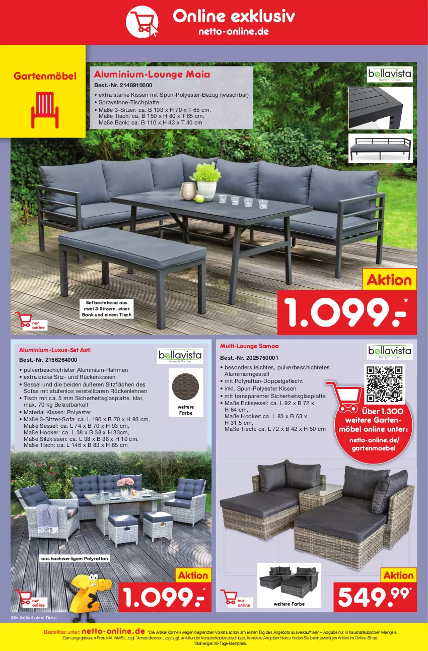 Aktueller Prospekt Netto Marken-Discount - Filial-Angebote - von 15.05 bis 20.05.2023 - strona 48 - produkty: aluminiumgestell, angebot, asti, Bank, bestpreis, eis, ente, Garten, gartenmöbel, glasplatte, hocker, HP, kissen, latte, LG, mam, möbel, ndk, reis, Ria, Rückenkissen, rückenlehne, sessel, sitzkissen, Sofa, telefon, Ti, tisch, tischplatte, ZTE