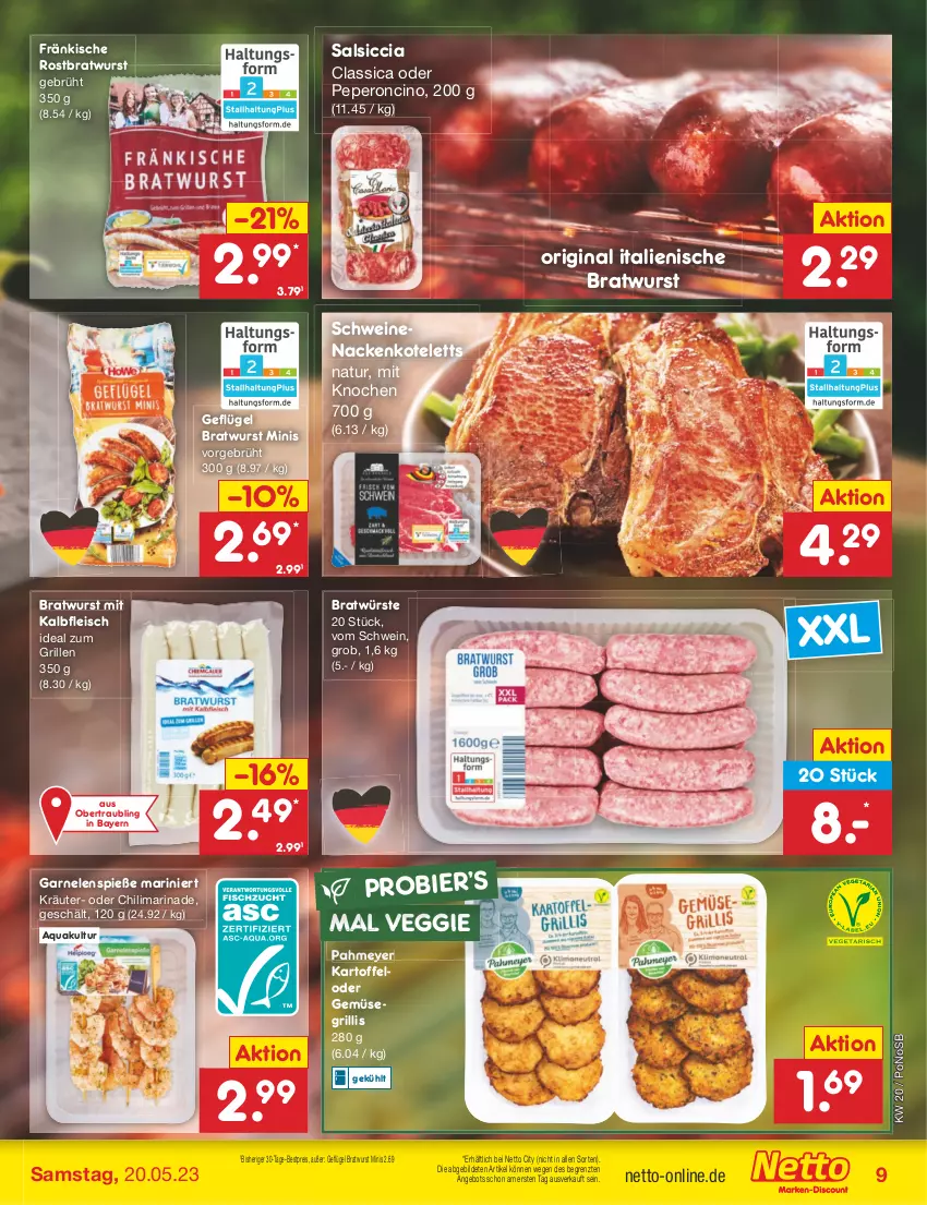 Aktueller Prospekt Netto Marken-Discount - Filial-Angebote - von 15.05 bis 20.05.2023 - strona 9 - produkty: angebot, aqua, bestpreis, bier, bratwurst, chili, cin, eis, fleisch, garnelen, Geflügel, gin, grill, ideal zum grillen, Kalbfleisch, kartoffel, kotelett, kräuter, marinade, mit kalbfleisch, nackenkoteletts, natur, reis, rostbratwurst, salsiccia, schwein, schweine, schweinenacken, Ti, veggie, wein, weine, wurst, ZTE