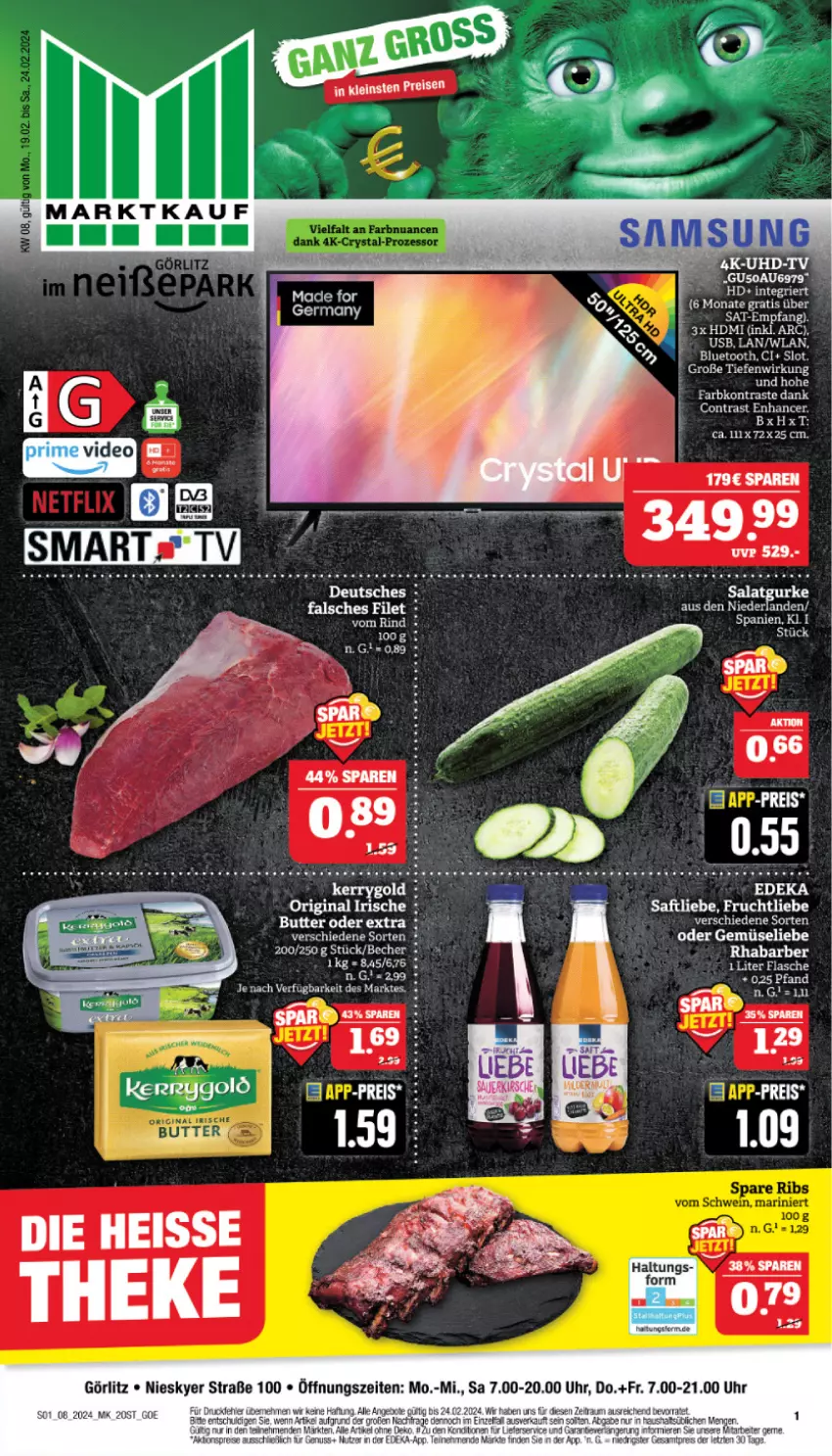 Aktueller Prospekt Marktkauf - Prospekt - von 18.02 bis 24.02.2024 - strona 1 - produkty: Becher, butter, deka, flasche, frucht, gin, gurke, kerrygold, Ria, rind, saft, salat, Salatgurke, Ti, usb