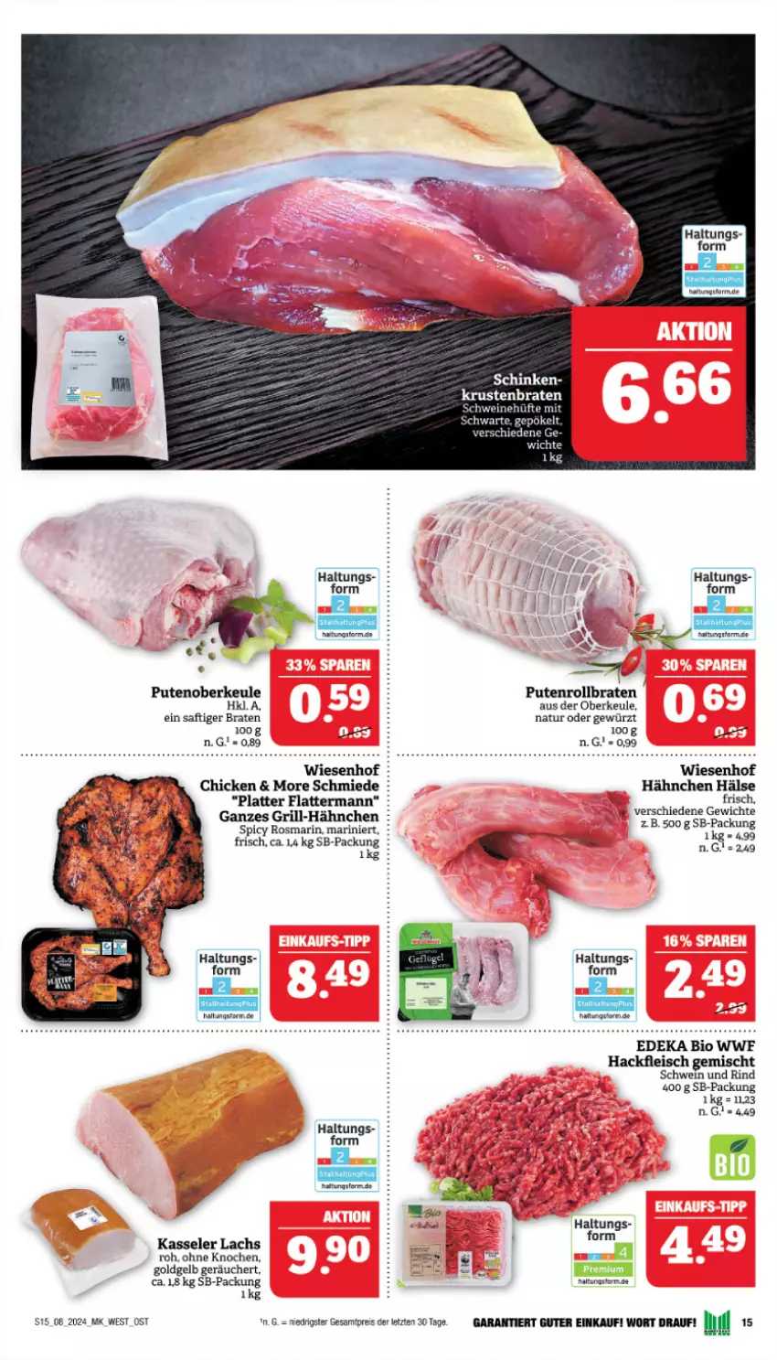 Aktueller Prospekt Marktkauf - Prospekt - von 18.02 bis 24.02.2024 - strona 15 - produkty: bio, braten, deka, edeka bio, eis, fleisch, gewürz, grill, hackfleisch, hackfleisch gemischt, kasseler, krustenbraten, lachs, latte, natur, pute, Putenoberkeule, Putenrollbraten, reis, rind, rollbraten, rosmarin, saft, schinken, schwein, schwein und rind, schweine, Ti, wein, weine, wiesenhof, ZTE