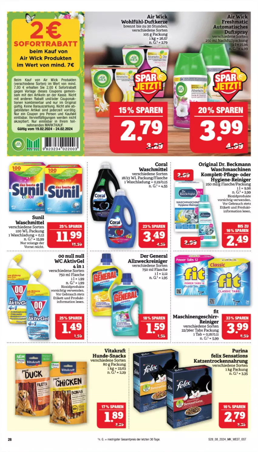 Aktueller Prospekt Marktkauf - Prospekt - von 18.02 bis 24.02.2024 - strona 28 - produkty: Air Wick, allzweckreiniger, bio, biozidprodukte, Coral, coupon, coupons, Dr. Beckmann, eis, erde, felix, flasche, geschirr, gin, kraft, purina, Rauch, reiniger, reis, rwe, sensations, snack, snacks, sofortrabatt, Ti, vita, vitakraft, waschmaschine, waschmaschinen, waschmittel, weck, WICK, ZTE