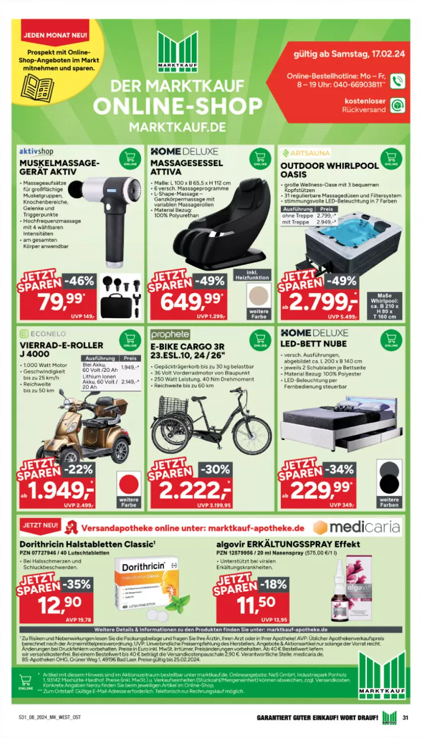 Aktueller Prospekt Marktkauf - Prospekt - von 18.02 bis 24.02.2024 - strona 31 - produkty: akku, Algovir, angebot, angebote, Apotheke, Bad, beleuchtung, bett, blaupunkt, caria, cin, Dorithricin, E-Bike, E-Roller, eis, elle, erde, Erkältungs, fernbedienung, ilag, kopfstütze, korb, led-beleuchtung, LG, Nasenspray, ndk, pool, reis, Ria, Roller, Schal, Schale, schubladen, sessel, tablet, tablett, Tablette, teller, Ti, uhr, versandkostenfrei, Whirlpool