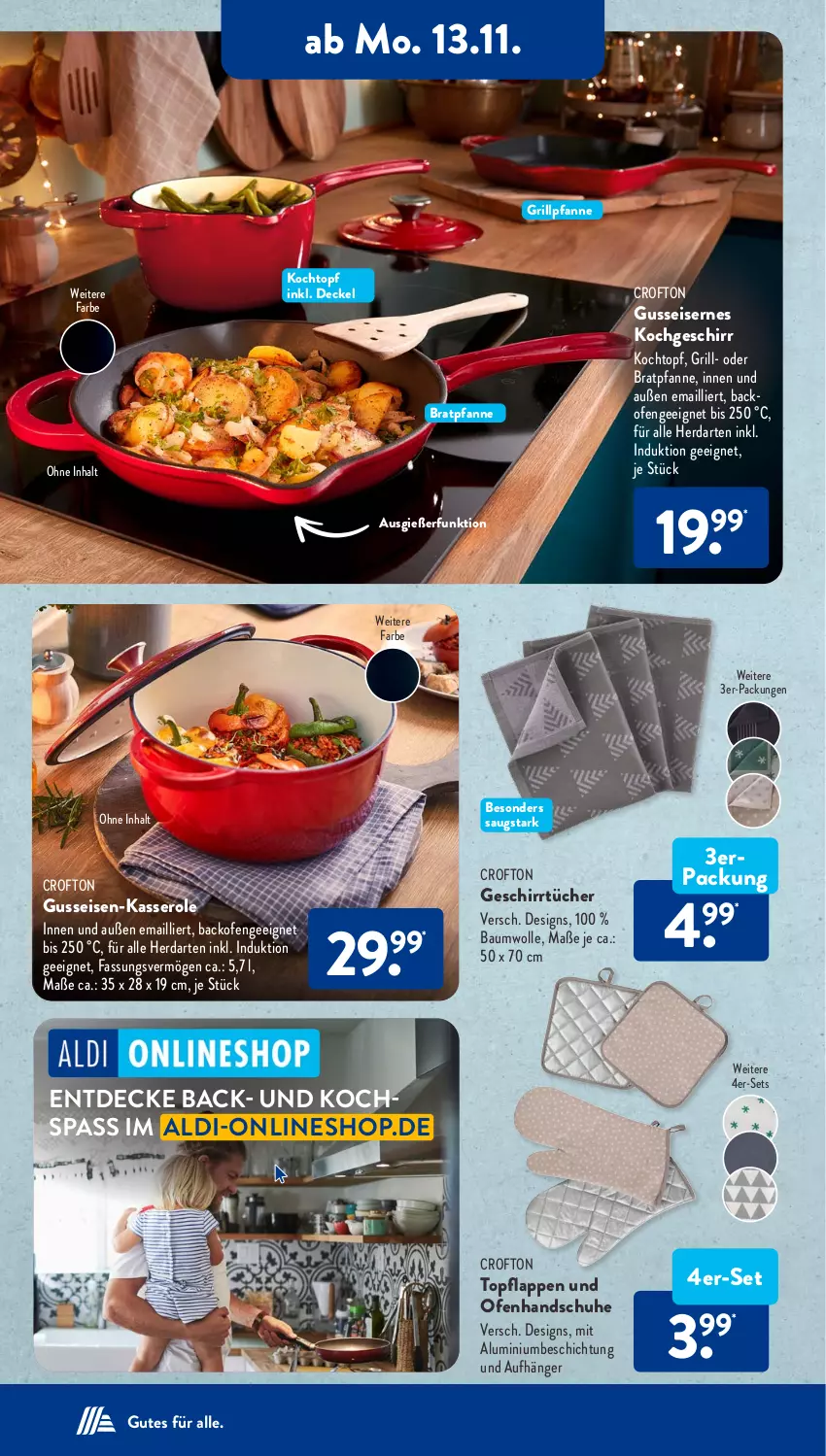 Aktueller Prospekt AldiSud - NÄCHSTE WOCHE - von 13.11 bis 18.11.2023 - strona 13 - produkty: aldi, backofen, Bau, baumwolle, bratpfanne, Crofton, decke, Deckel, eis, geschirr, geschirrtücher, grill, Grillpfanne, handschuhe, herdarten, Kochtopf, Ofen, pfanne, schuhe, Ti, topf, tücher, wolle