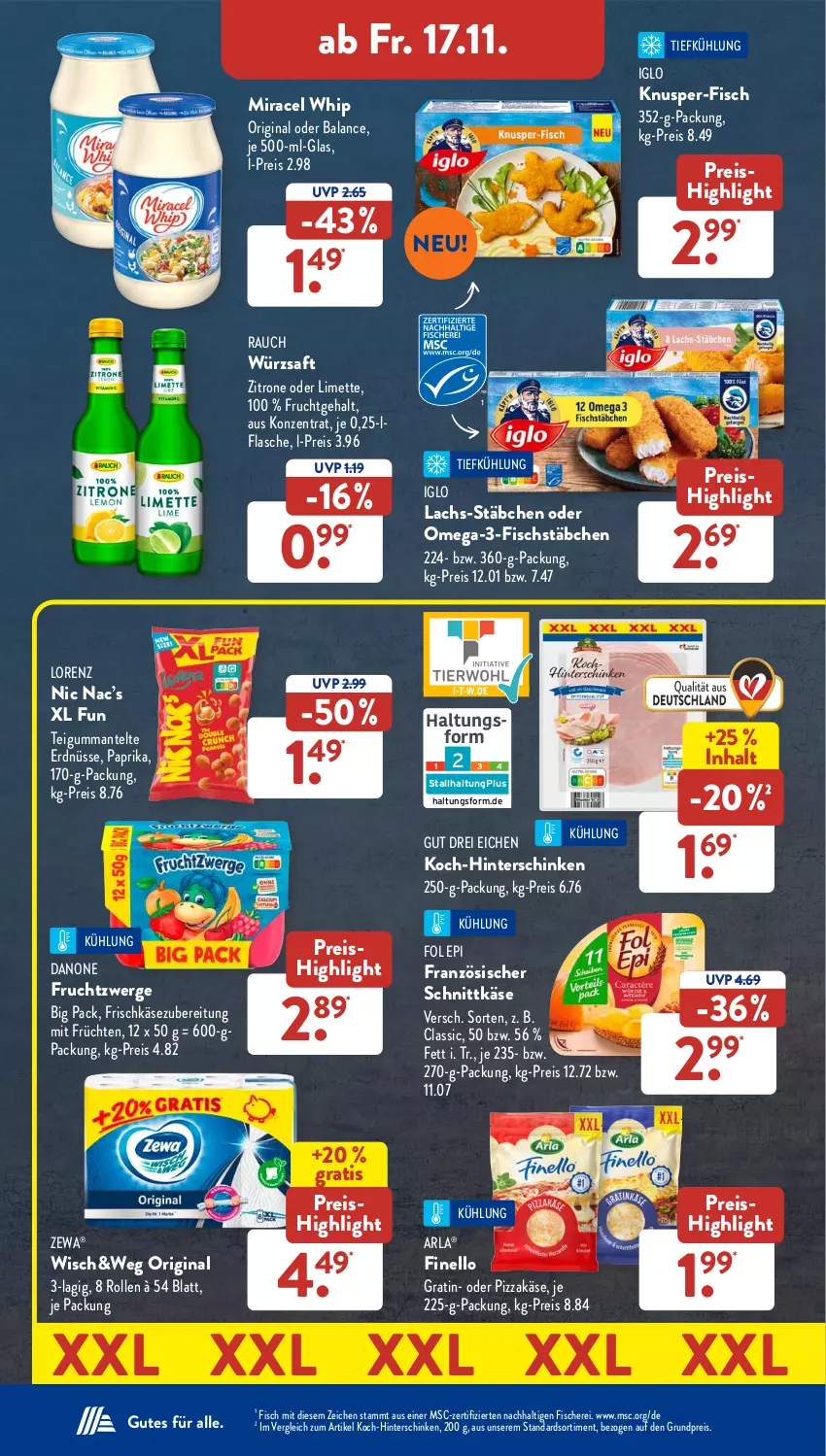 Aktueller Prospekt AldiSud - NÄCHSTE WOCHE - von 13.11 bis 18.11.2023 - strona 35 - produkty: arla, danone, danone fruchtzwerge, eis, erdnüsse, finello, fisch, fische, Fischer, fischstäbchen, flasche, fol epi, frischkäse, frischkäsezubereitung, frucht, früchte, früchten, fruchtzwerge, gin, hinterschinken, iglo, Käse, lachs, limette, lorenz, Mantel, Mett, miracel, miracel whip, omega, Omega-3, paprika, pizza, Rauch, reis, saft, Schere, schinken, schnittkäse, Ti, zewa, zitrone