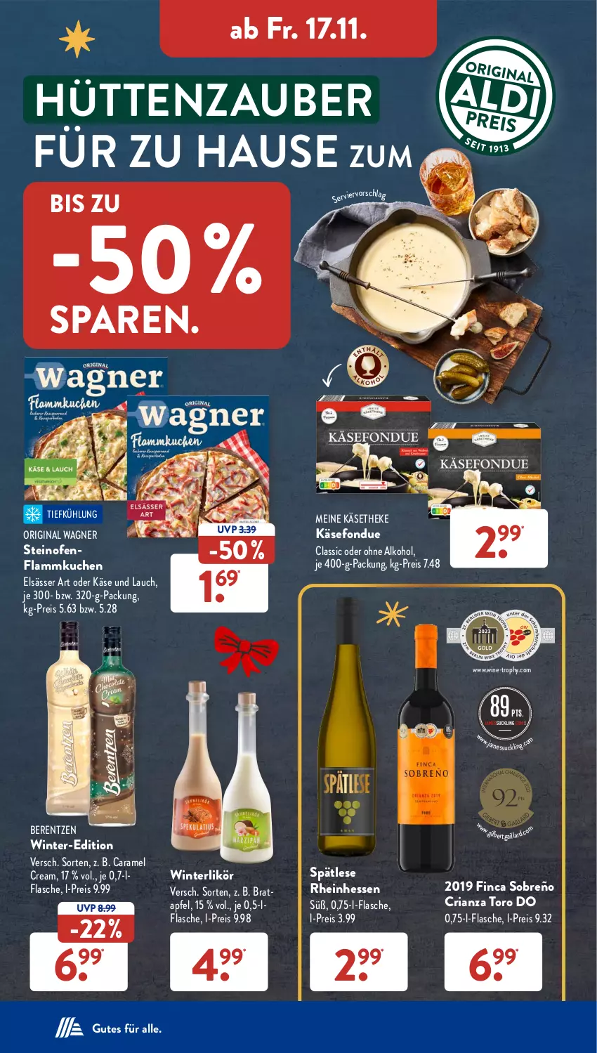 Aktueller Prospekt AldiSud - NÄCHSTE WOCHE - von 13.11 bis 18.11.2023 - strona 39 - produkty: alkohol, apfel, berentzen, caramel, eis, elsässer art, flammkuchen, flasche, Fondue, gin, Käse, käsetheke, kuchen, lamm, likör, Ofen, ohne alkohol, original wagner, reis, Ria, steinofen, Ti, wagner