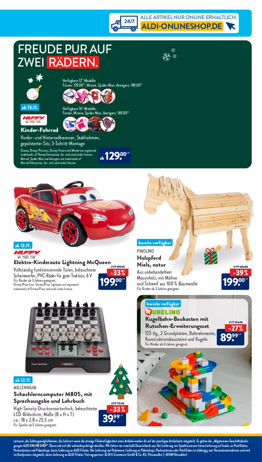 Aktueller Prospekt AldiSud - NÄCHSTE WOCHE - von 13.11 bis 18.11.2023 - strona 46 - produkty: aldi, aust, auto, Bau, baumwolle, buch, Cars, computer, dell, disney, Elektro, elle, ente, erde, Fahrrad, Holz, Kinder, Kugel, Kugelbahn, latte, Leuchte, LG, massivholz, McQueen, Mode, natur, pute, rwe, spider-man, Spiele, Ti, wolle