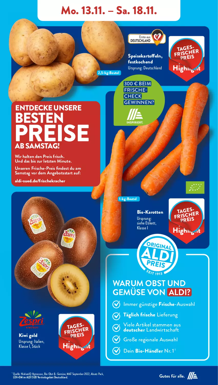 Aktueller Prospekt AldiSud - NÄCHSTE WOCHE - von 13.11 bis 18.11.2023 - strona 5 - produkty: aldi, angebot, beutel, bio, bio-karotten, Bio-Obst, decke, eis, elle, karotten, kartoffel, kartoffeln, kiwi, Kiwi Gold, kracher, obst, Obst und Gemüse, reis, rum, speisekartoffeln, Ti, und gemüse, ZTE