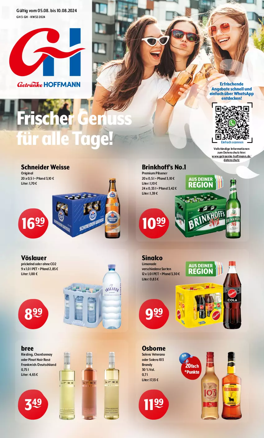 Aktueller Prospekt Getraenke Hoffmann - Prospekte - von 05.08 bis 10.08.2024 - strona 1 - produkty: angebot, angebote, auer, bree, chardonnay, decke, eis, gin, limo, limonade, nuss, osborne, pils, pilsener, Pinot, pinot noir, premium pils, riesling, sinalco, Ti, veterano, vöslauer