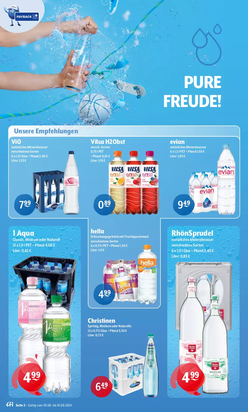 Aktueller Prospekt Getraenke Hoffmann - Prospekte - von 05.08 bis 10.08.2024 - strona 2 - produkty: Alwa, aqua, elle, erfrischungsgetränk, frucht, getränk, hella, mac, mineralwasser, mit frucht, natur, natürliches mineralwasser, obst, rel, RhönSprudel, Sprudel, Ti, vilsa, wasser