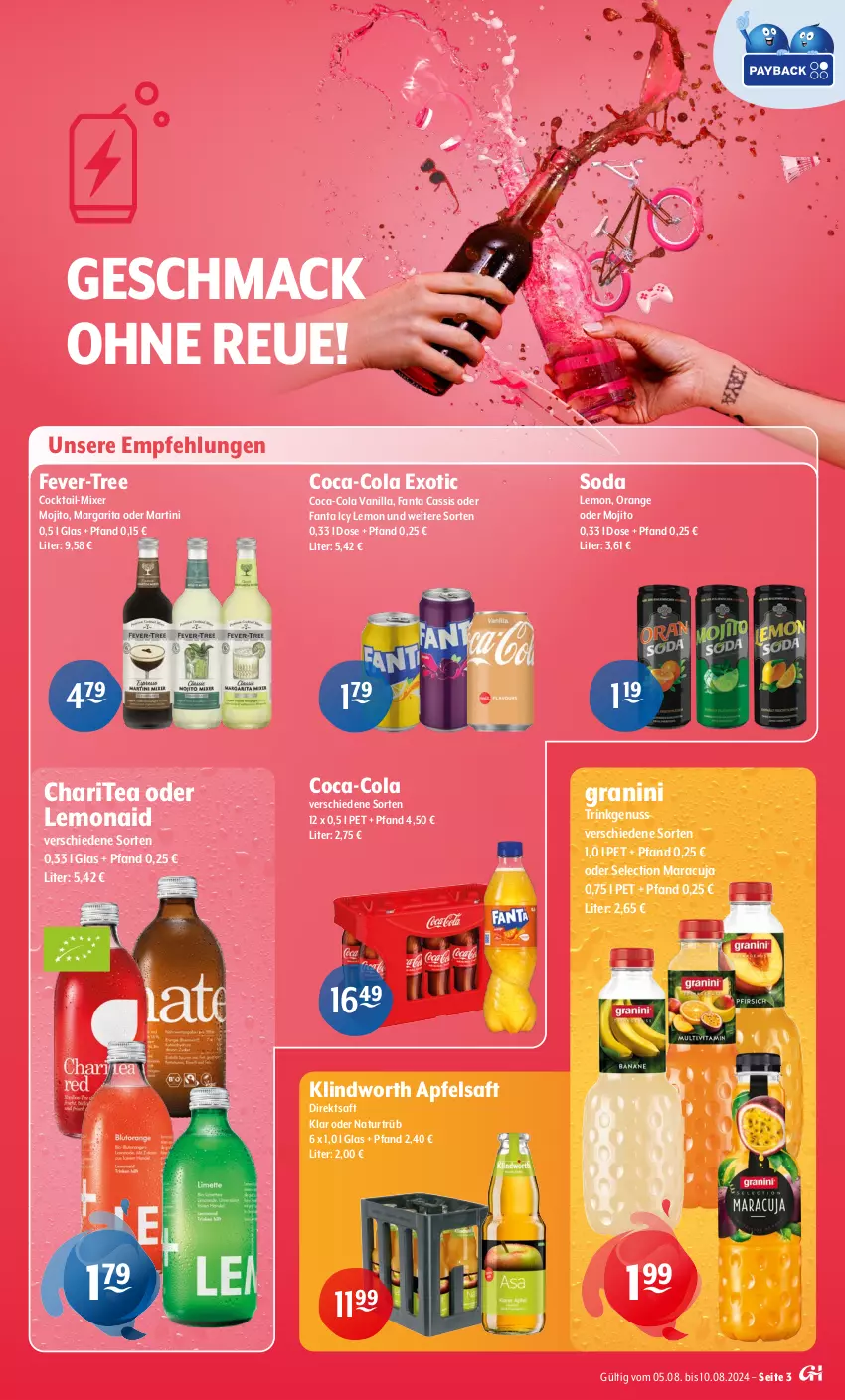 Aktueller Prospekt Getraenke Hoffmann - Prospekte - von 05.08 bis 10.08.2024 - strona 3 - produkty: apfel, apfelsaft, cassis, coca-cola, cocktail, cola, direktsaft, fanta, fever-tree, granini, mac, maracuja, martini, Mixer, mojito, natur, nuss, orange, saft, Soda, Ti