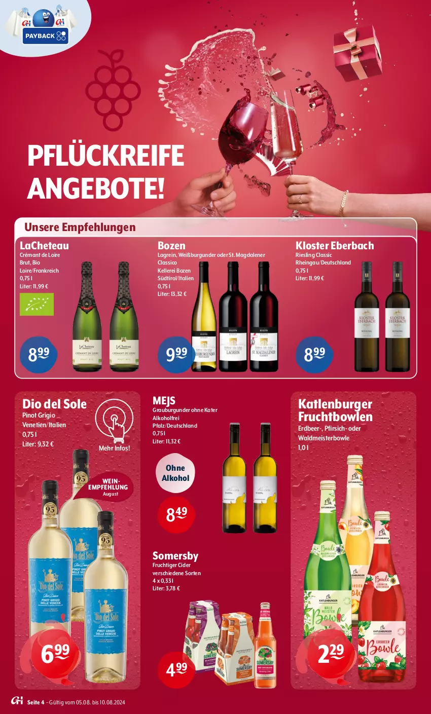 Aktueller Prospekt Getraenke Hoffmann - Prospekte - von 05.08 bis 10.08.2024 - strona 4 - produkty: alkohol, angebot, angebote, bio, bowle, brut, burger, burgunder, cider, classico, crémant de loire, eis, elle, frucht, grauburgunder, katlenburger, Kloster Eberbach, Meister, ohne alkohol, pfirsich, Pinot, pinot grigio, riesling, somersby, Ti, waldmeister, wein, weine, Weißburgunder