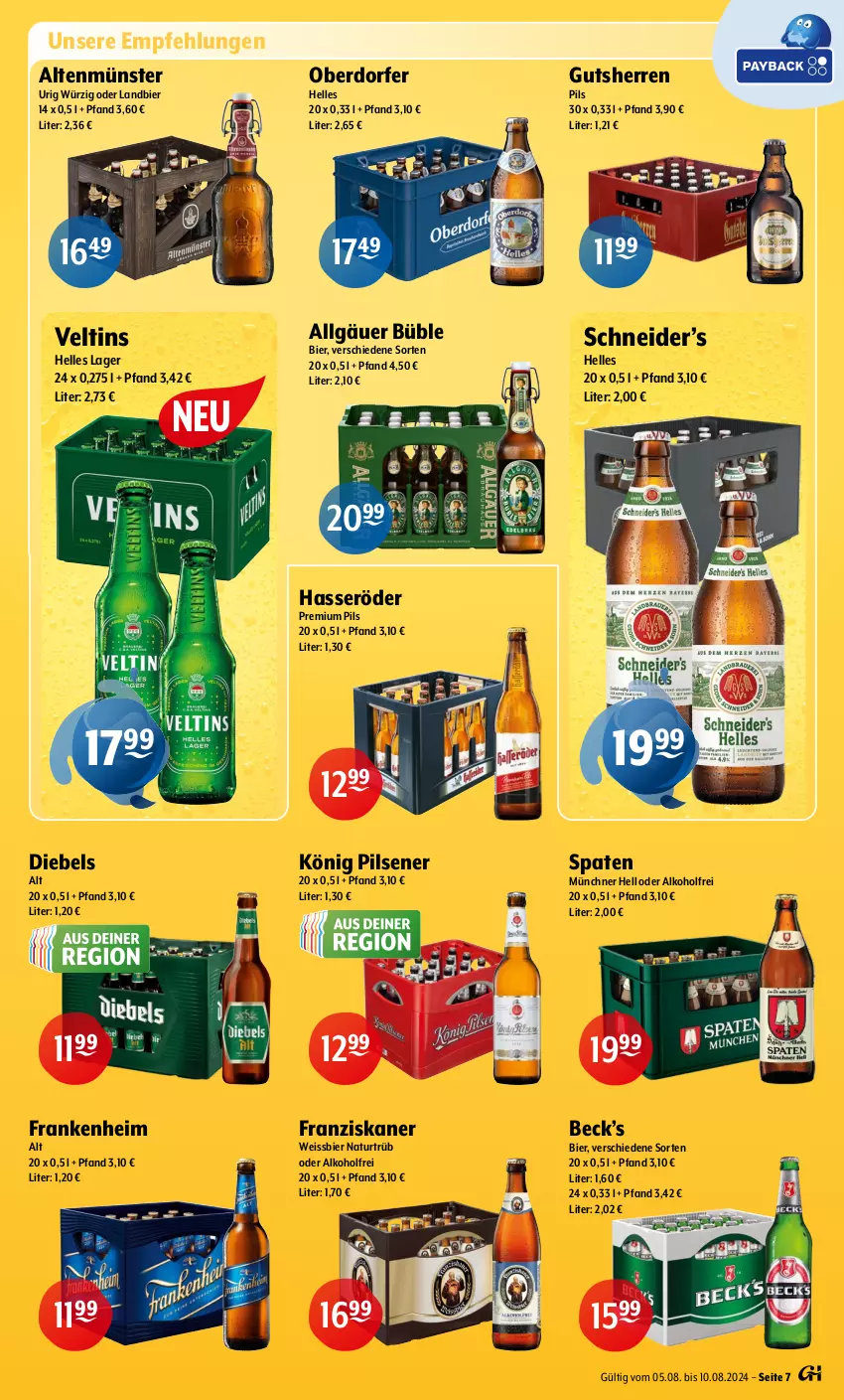 Aktueller Prospekt Getraenke Hoffmann - Prospekte - von 05.08 bis 10.08.2024 - strona 7 - produkty: alkohol, Altenmünster, bier, diebels, eis, elle, franziskaner, hasseröder, könig pilsener, LG, natur, pils, pilsener, premium pils, Spaten, Ti, veltins, weissbier