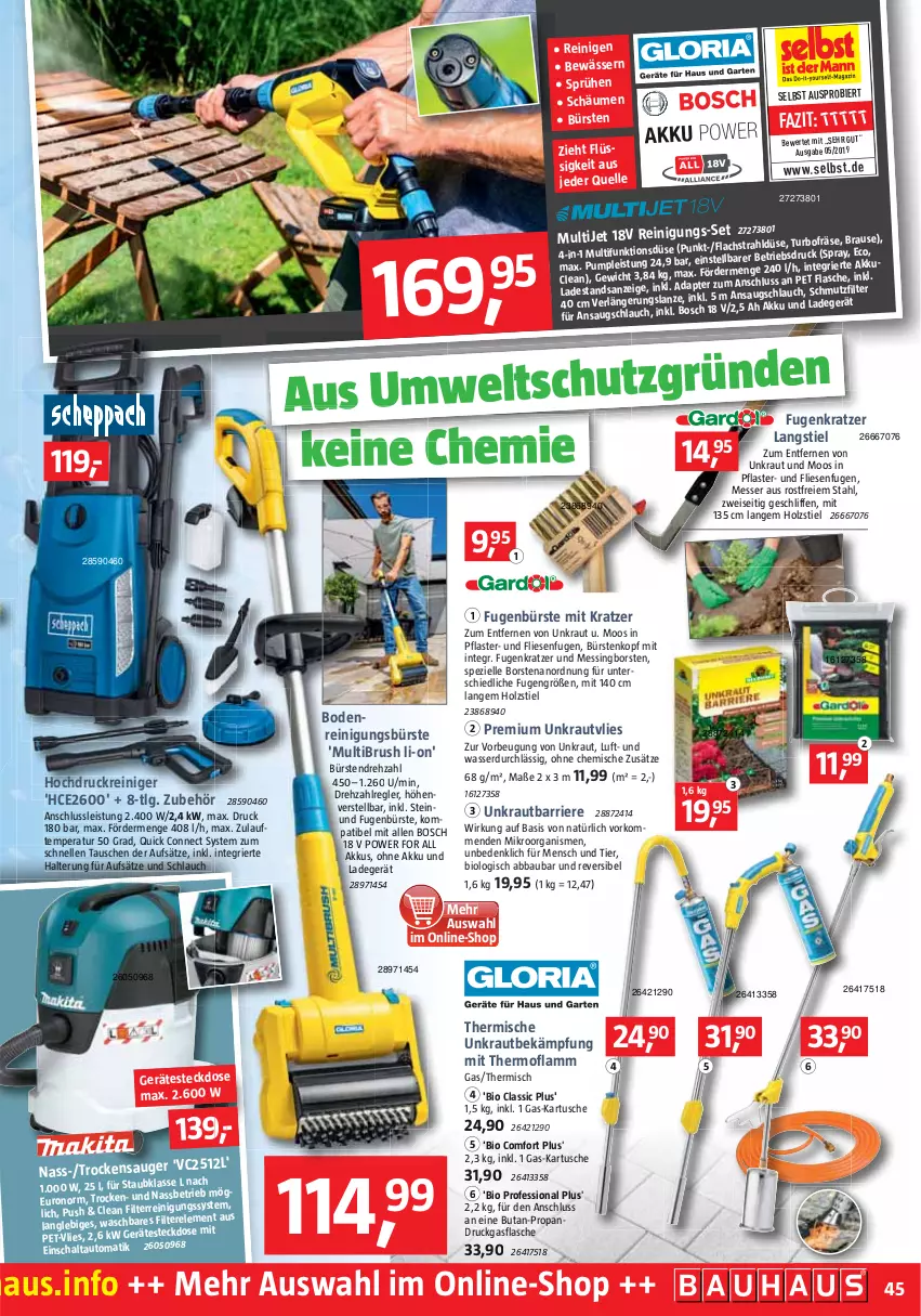 Aktueller Prospekt Bauhaus - Prospekte - von 02.04 bis 30.04.2022 - strona 45 - produkty: Abba, adapter, akku, auto, Bau, bier, bio, bosch, brause, bürste, bürsten, eis, elle, flasche, Fugenbürste, hochdruckreiniger, Holz, Kraut, lachs, ladegerät, lamm, LG, messer, pflaster, reiniger, Reinigung, reinigungsbürste, rel, Schal, schlauch, senf, Spezi, steckdose, Ti, Trockensauger, wasser