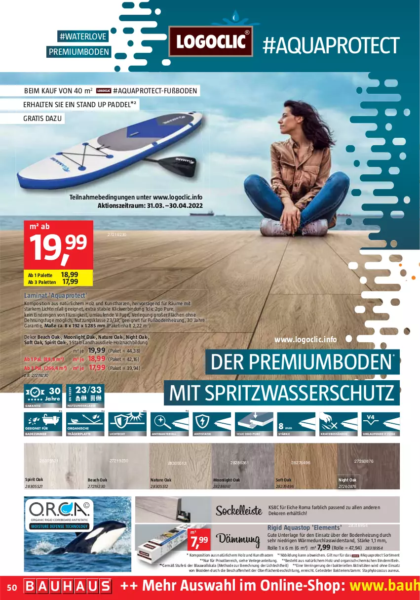 Aktueller Prospekt Bauhaus - Prospekte - von 02.04 bis 30.04.2022 - strona 50 - produkty: aqua, aquastop, Bau, bio, elle, Holz, Hylo, Kunstharz, laminat, landhausdiele, Laufen, Logoclic, natur, Palette, ring, Ti, wasser