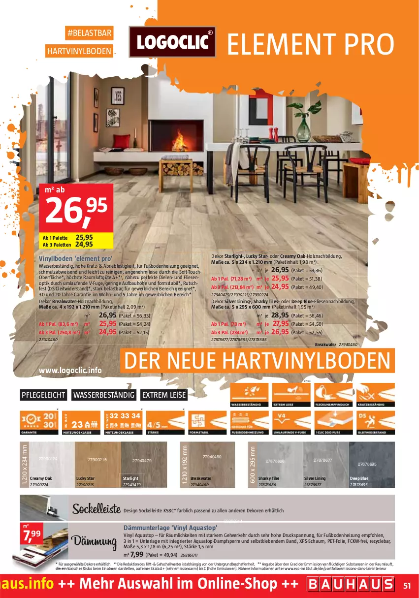 Aktueller Prospekt Bauhaus - Prospekte - von 02.04 bis 30.04.2022 - strona 51 - produkty: aqua, aquastop, Bau, brie, Dämmunterlage, eis, elle, emmi, Holz, Laufen, Logoclic, Palette, ring, Schal, Sockelleiste, starlight, Ti, vinylboden, wasser