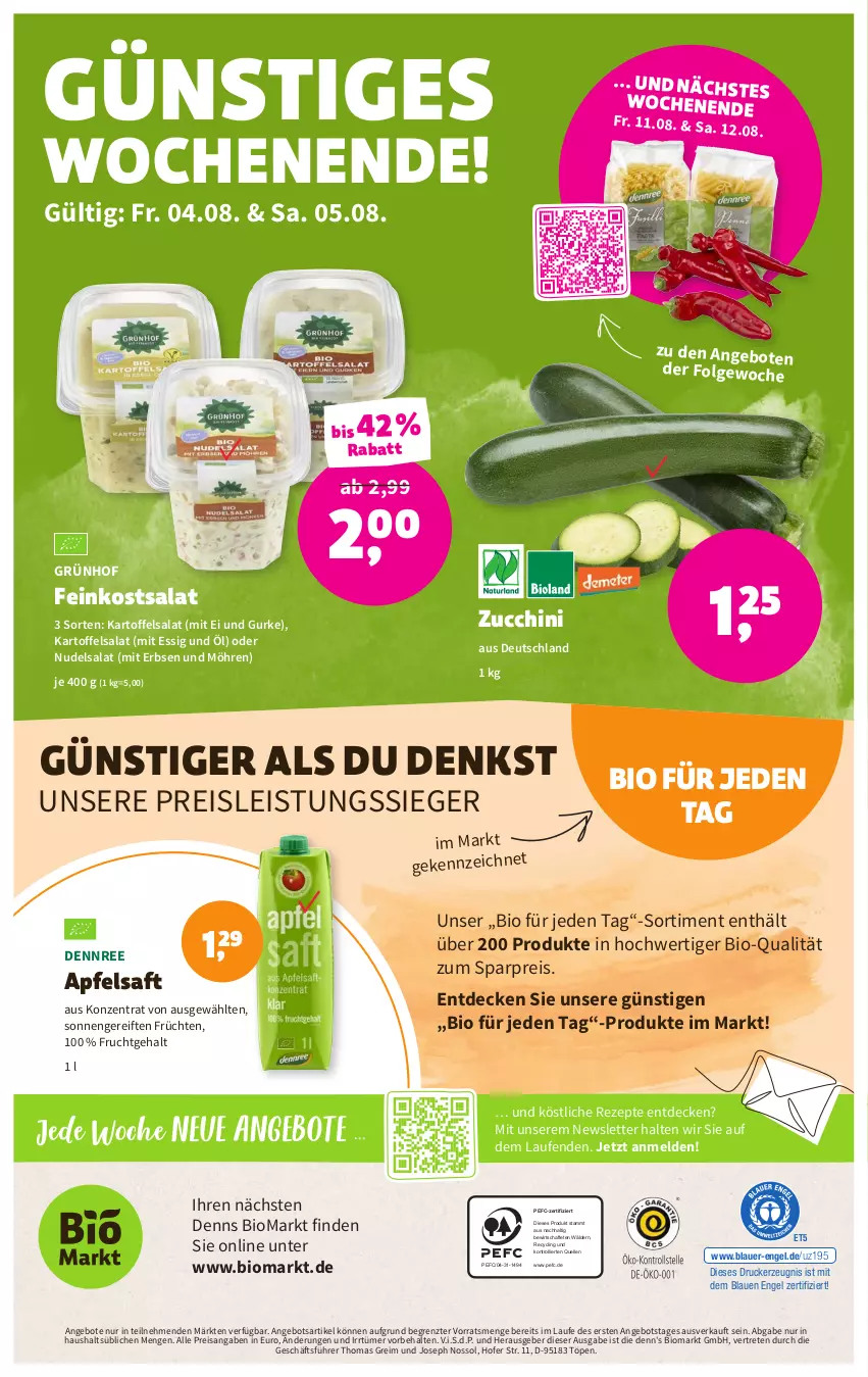 Aktueller Prospekt Denns Biomarkt - Prospekte - von 02.08 bis 15.08.2023 - strona 12 - produkty: angebot, angebote, apfel, apfelsaft, auer, bio, Clin, decke, dennree, drucker, eis, elle, Engel, erbsen, essig, feinkost, frucht, früchte, früchten, gurke, kartoffel, kartoffelsalat, kerze, Laufen, LG, möhren, nudel, nudelsalat, reis, rezept, rezepte, saft, salat, Ti, trolli, ZTE, zucchini