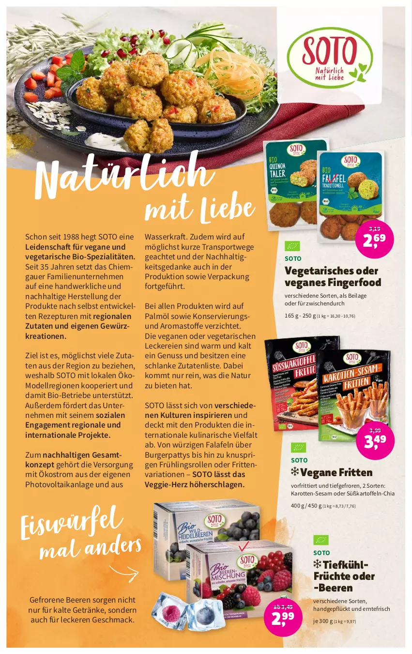 Aktueller Prospekt Denns Biomarkt - Prospekte - von 02.08 bis 15.08.2023 - strona 4 - produkty: auer, beere, beeren, bio, burger, chia, dell, eis, eiswürfel, erde, Falafel, früchte, getränk, getränke, gewürz, ilag, karotten, kartoffel, kartoffeln, kraft, mac, Mode, natur, nuss, rezept, Ria, sesam, Spezi, Sport, Süßkartoffeln, Ti, Tiefkühlfrüchte, Vegeta, veggie, wasser, WICK, würfel