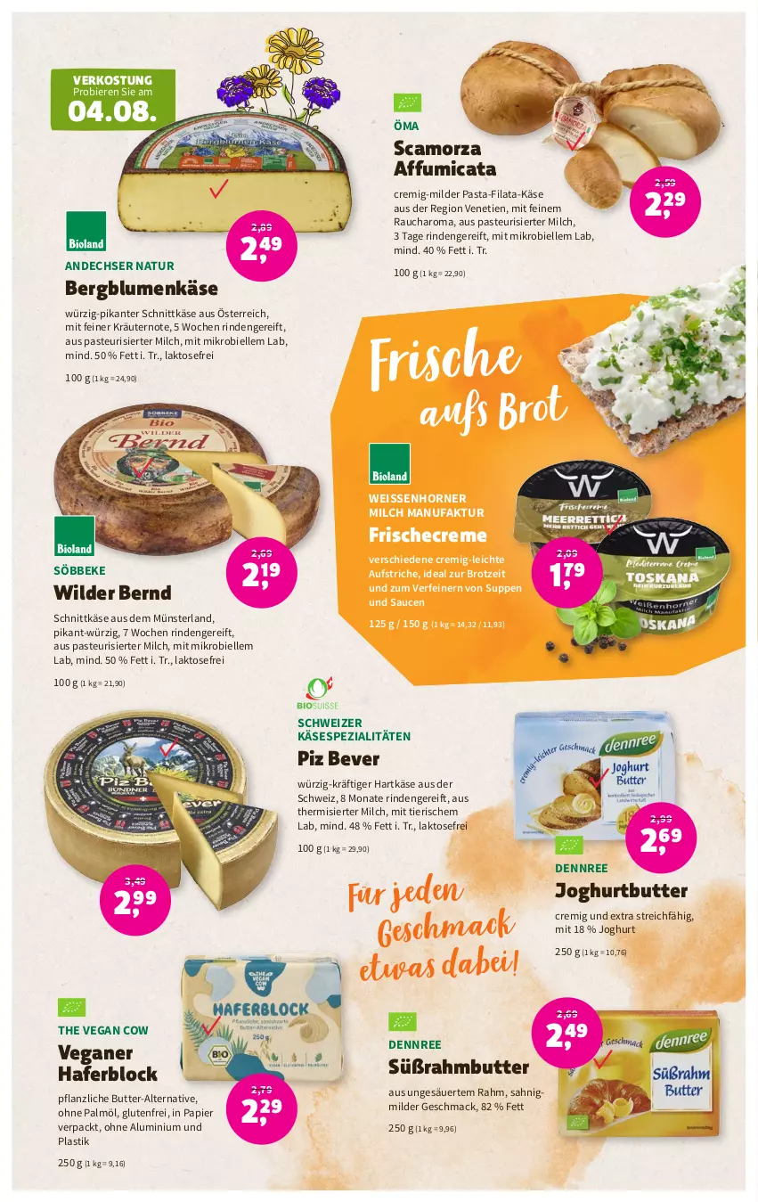 Aktueller Prospekt Denns Biomarkt - Prospekte - von 02.08 bis 15.08.2023 - strona 5 - produkty: andechser natur, asti, aufstrich, bier, Biere, blume, blumen, brot, butter, creme, dennree, eis, elle, Faktu, hafer, hartkäse, joghur, joghurt, Käse, kräuter, kräutern, mac, milch, natur, ohne palmöl, papier, pasta, Rauch, rind, sauce, saucen, Scamorza, schnittkäse, söbbeke, Spezi, suppe, suppen, Süßrahmbutter, Ti, Wild, Wilder Bernd