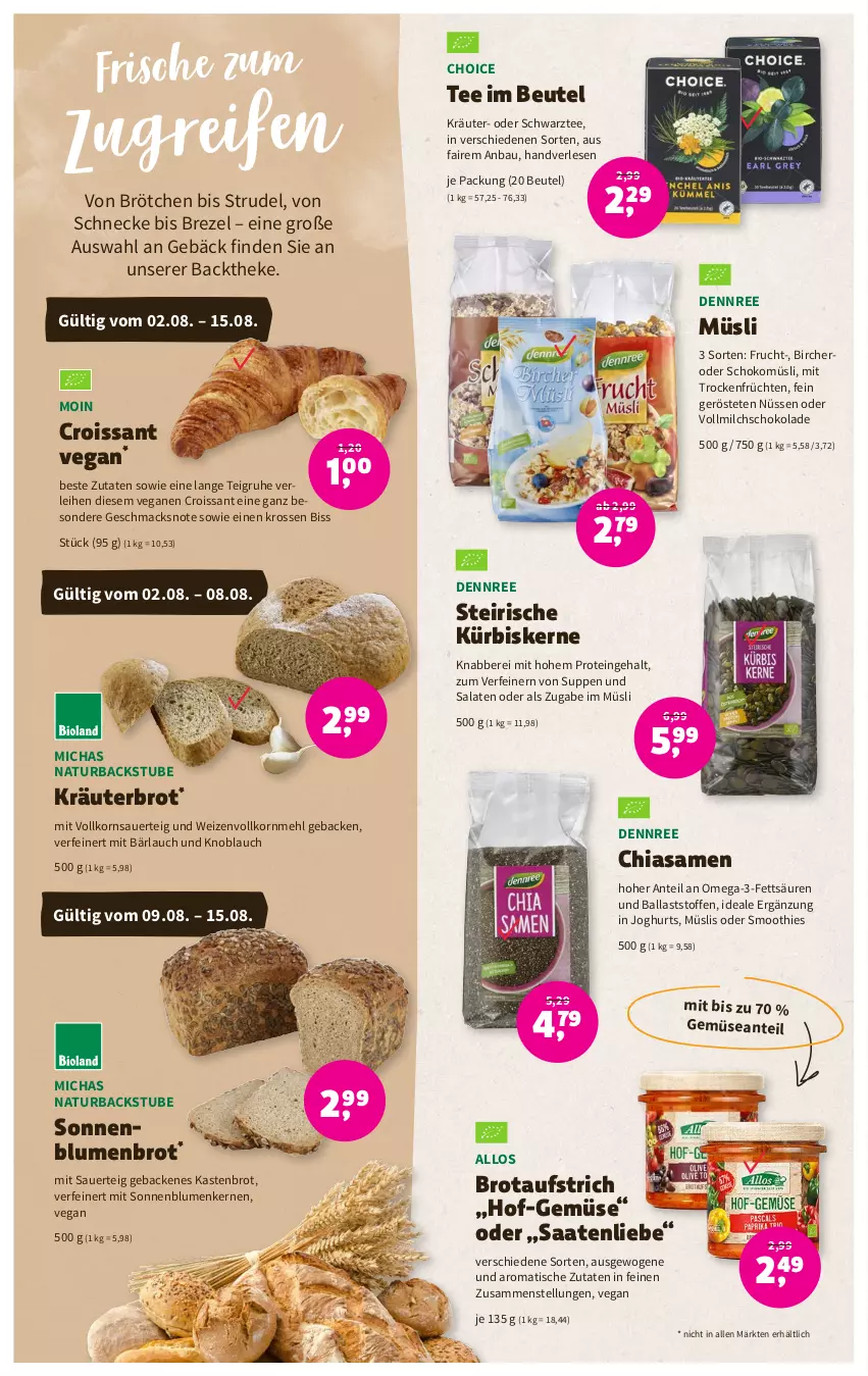 Aktueller Prospekt Denns Biomarkt - Prospekte - von 02.08 bis 15.08.2023 - strona 8 - produkty: auer, aufstrich, ball, Bau, beutel, blume, blumen, brezel, brot, brotaufstrich, brötchen, chia, Croissant, dennree, frucht, früchte, früchten, geback, hero, joghur, joghurt, knoblauch, korn, kräuter, Kürbis, kürbiskerne, mac, mehl, milch, müsli, natur, omega, Omega-3, reifen, salat, salate, schoko, schokolade, schokomüsli, smoothie, smoothies, sonnenblume, sonnenblumen, Sonnenblumenbrot, Sonnenblumenkerne, sonnenblumenkernen, Strudel, stube, suppe, suppen, tee, Ti, tisch, Trockenfrüchte, vollmilch, ZTE