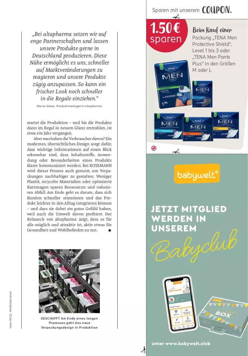 Aktueller Prospekt Rossmann - Prospekte - von 05.05 bis 01.06.2025 - strona 103 - produkty: Altapharma, asti, coupon, elle, erde, Gesundheit, Mode, Pants, Rauch, regal, rel, Ria, rum, Tena Men, Ti, Tiere