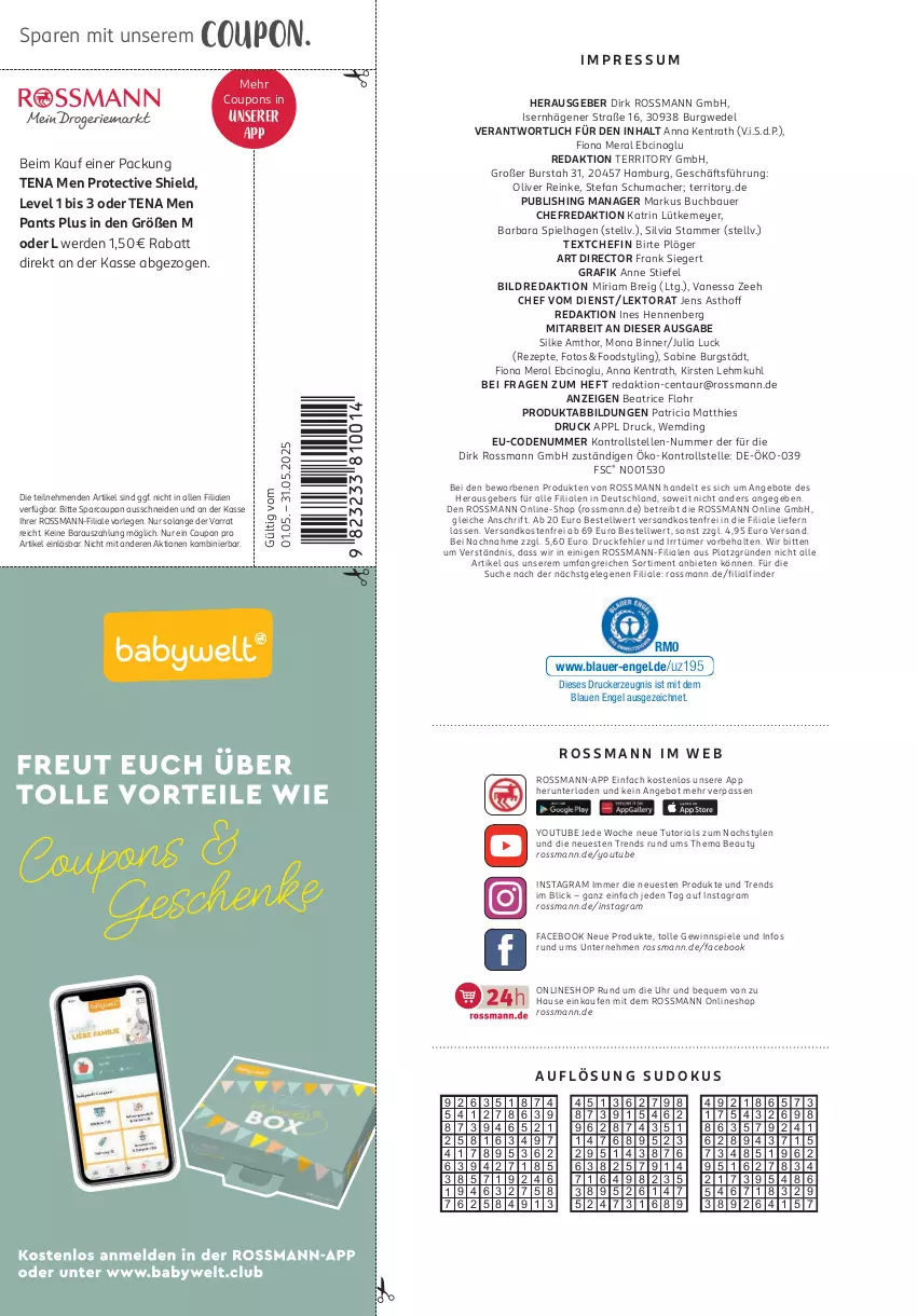 Aktueller Prospekt Rossmann - Prospekte - von 05.05 bis 01.06.2025 - strona 104 - produkty: angebot, angebote, auer, Bau, Bauer, Brei, buch, cin, coupon, coupons, drucker, elle, Engel, erde, kerze, mac, ndk, olive, Pants, rezept, rezepte, Ria, Spiele, Tena Men, Ti, uhr, versandkostenfrei, wedel, Yo