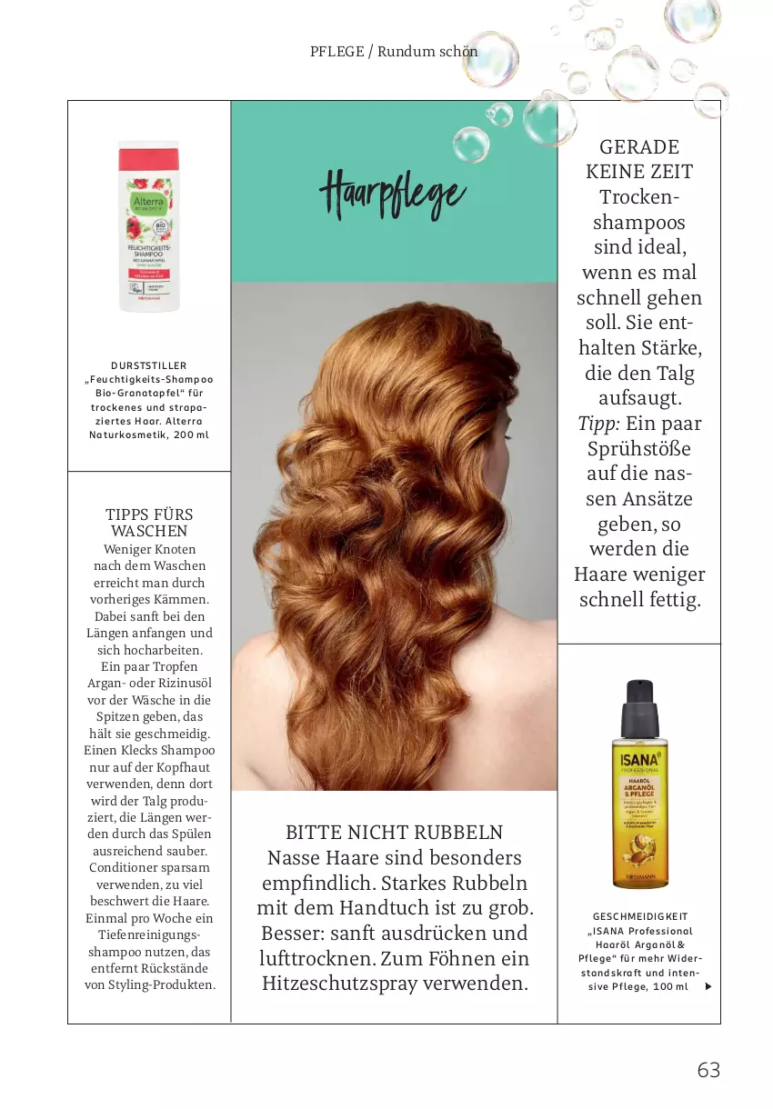 Aktueller Prospekt Rossmann - Prospekte - von 05.05 bis 01.06.2025 - strona 63 - produkty: alterra, apfel, bio, erde, grana, granatapfel, haarpflege, handtuch, isana, kosmetik, kraft, LG, natur, naturkosmetik, Rana, Reinigung, Rizinusöl, rwe, sana, shampoo, Spülen, Ti, Trockenshampoo, tuc