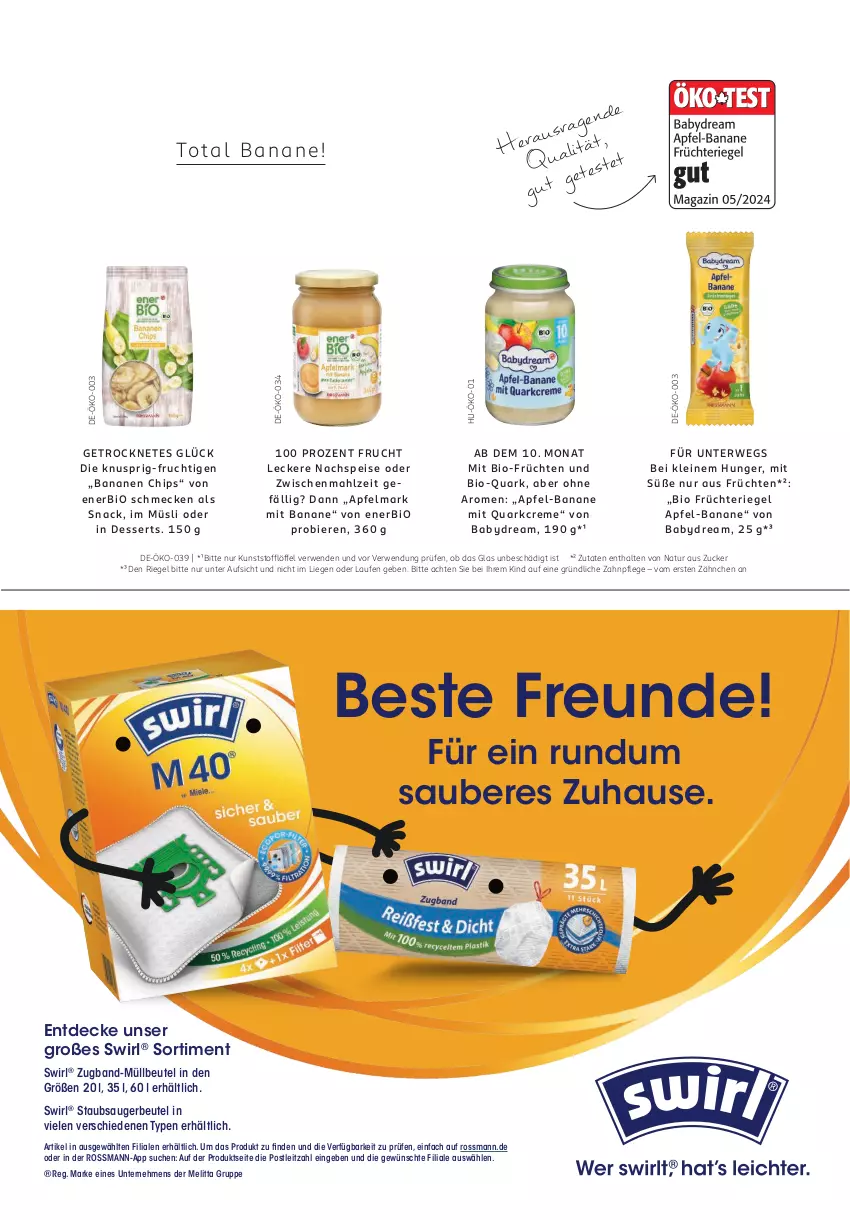 Aktueller Prospekt Rossmann - Prospekte - von 05.05 bis 01.06.2025 - strona 79 - produkty: apfel, babydream, banane, bananen, beutel, bier, Biere, bio, chips, creme, decke, dessert, desserts, eis, frucht, früchte, früchten, Laufen, leine, leitz, Liege, Löffel, melitta, müllbeutel, müsli, natur, quark, riegel, rwe, snack, staubsauger, staubsaugerbeutel, swirl, Ti, zucker