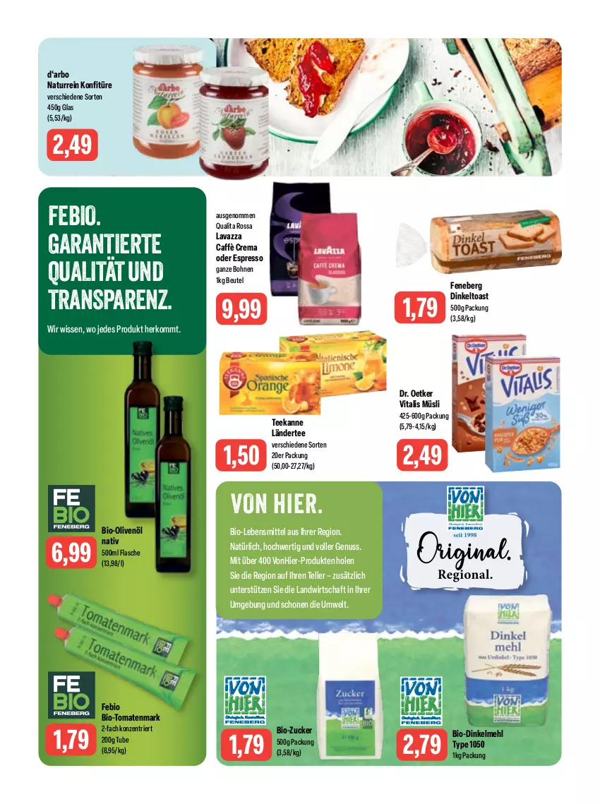 Aktueller Prospekt Feneberg - Prospekte - von 06.07 bis 08.07.2023 - strona 10 - produkty: beutel, bio, Bio-Olivenöl, bohne, bohnen, caffè crema, dinkelmehl, Dr. Oetker, elle, espresso, flasche, konfitüre, Ländertee, lavazza, lebensmittel, mehl, müsli, natur, nuss, oder espresso, olive, oliven, olivenöl, tee, teekanne, teller, Ti, toast, tomate, tomaten, tomatenmark, vita, vitalis, vitalis müsli, zucker