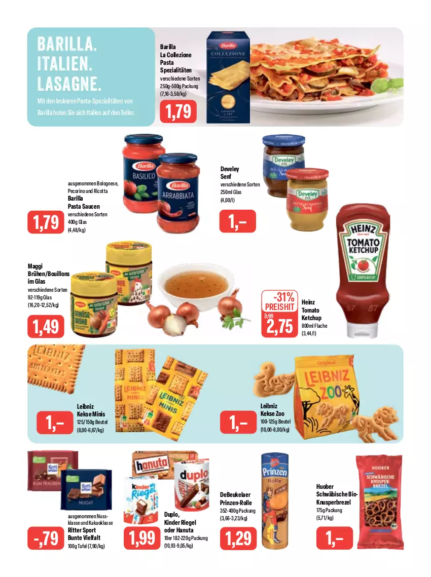 Aktueller Prospekt Feneberg - Prospekte - von 06.07 bis 08.07.2023 - strona 11 - produkty: barilla, beutel, bio, bolognese, brezel, Brühe, debeukelaer, develey, duplo, eis, elle, hanuta, heinz, huober, kakao, keks, kekse, ketchup, Kinder, kinder riegel, lasagne, leibniz, maggi, nuss, pasta, Pasta Sauce, Pecorino, reis, ricotta, riegel, ritter, ritter sport, sauce, saucen, senf, Spezi, Sport, teller, tomato ketchup