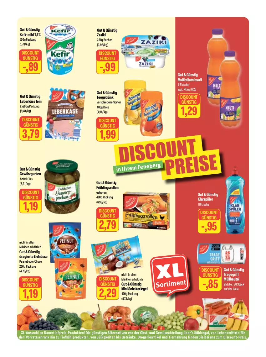 Aktueller Prospekt Feneberg - Prospekte - von 06.07 bis 08.07.2023 - strona 15 - produkty: Abtei, auer, Becher, beutel, dauertiefpreis, discount, eis, erdnüsse, flasche, getränk, getränke, gewürz, Gewürzgurke, gewürzgurken, gurke, gurken, Käse, Kefir, klarspüler, kühlregal, lebensmittel, leberkäs, leberkäse, müllbeutel, Multivitaminsaft, obst, regal, reis, riegel, saft, schoko, schokoriegel, Schrank, tee, Ti, tiefpreis, tiernahrung, tragegriff, und gemüse, vita, vorratsschrank, zaziki