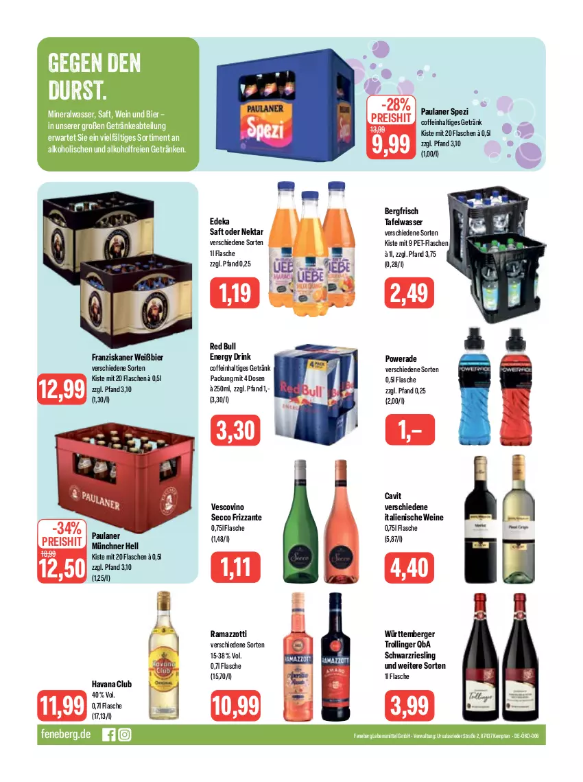 Aktueller Prospekt Feneberg - Prospekte - von 06.07 bis 08.07.2023 - strona 16 - produkty: Abtei, alkohol, Alwa, Berger, bier, coffein, deka, drink, ecco, eis, energy drink, flasche, franziskaner, frizzante, getränk, getränke, Havana Club, lebensmittel, mineralwasser, Nektar, Paula, paulaner, pet-flasche, pet-flaschen, rama, ramazzott, ramazzotti, red bull, reis, riesling, saft, schwarzriesling, Spezi, Ti, trolli, trollinger, vescovino, wasser, wein, weine, zott