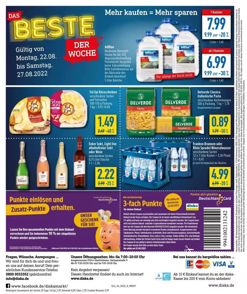 Aktueller Prospekt Diska - Prospekte - von 22.08 bis 27.08.2022 - strona 12 - produkty: Alwa, angebot, angebote, Astra, beko, brunnen, buch, coupon, deka, eis, ente, erde, flasche, franken brunnen, gutschein, italienische pasta, kraft, lasagne, mastercard, milch, mineralwasser, nero, pasta, reis, ring, sac, sekt, Sprudel, Sushi, telefon, Ti, uhr, wasser, ZTE