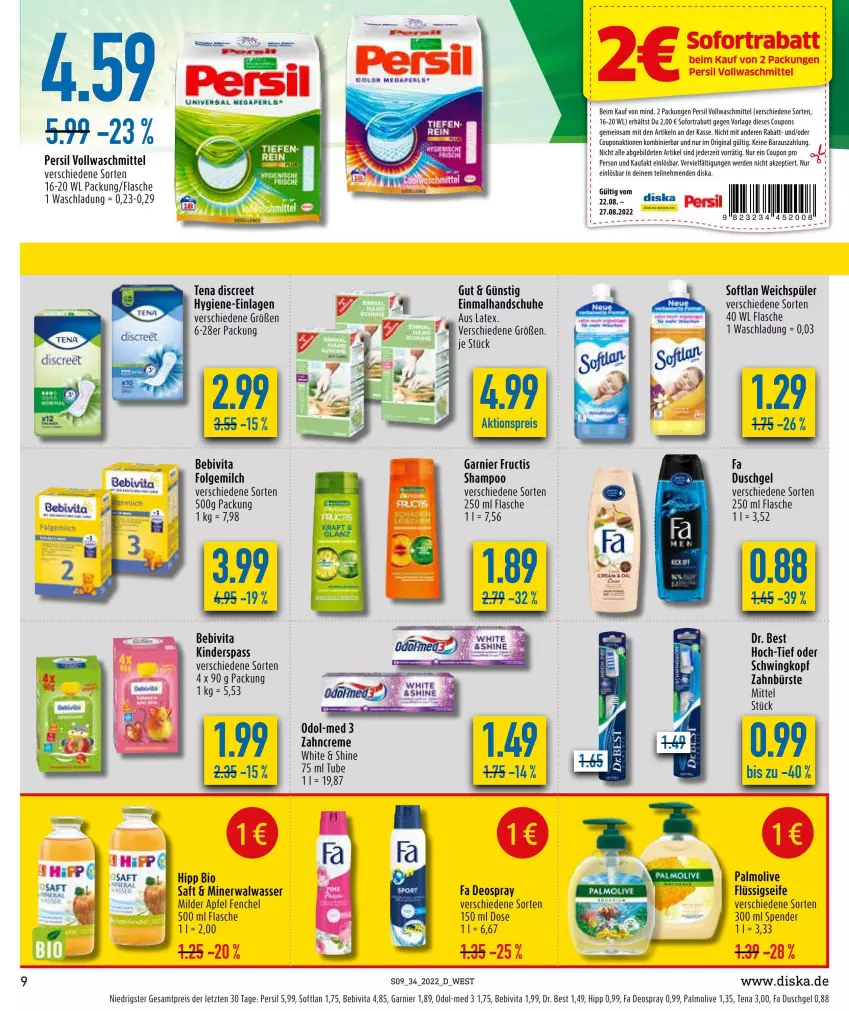 Aktueller Prospekt Diska - Prospekte - von 22.08 bis 27.08.2022 - strona 9 - produkty: aktionspreis, apfel, bebivita, bürste, coupon, coupons, creme, deo, deospray, Discreet, Dr. Best, duschgel, eis, erde, fa duschgel, fenchel, flasche, flüssigseife, folgemilch, fructis, garnier, gin, handschuhe, Kinder, LG, milch, Odol, Odol-med 3, olive, palmolive, persil, reis, schuhe, Seife, shampoo, sofortrabatt, Softlan, Ti, vita, vollwaschmittel, waschmittel, weichspüler, zahnbürste, ZTE