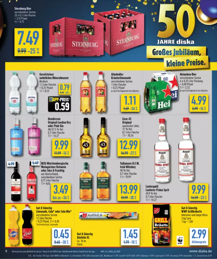 Aktueller Prospekt Diska - von 22.04 bis 27.04.2024 - strona 11 - produkty: abis, aktionspreis, almdudler, Alwa, bier, briketts, eis, enders, flasche, frucht, gerolsteine, gerolsteiner, gin, grill, grillbriketts, irish whiskey, kräuter, leine, licor, licor 43, likör, limo, limonade, london dry, mineralwasser, Mineralwasser Medium, natürliches mineralwasser, reis, rotwein, sac, steiner, Sternburg, Ti, tuc, tullamore, wasser, wein, whiskey