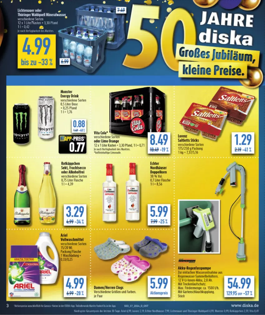 Aktueller Prospekt Diska - von 22.04 bis 27.04.2024 - strona 5 - produkty: akku, Akku-Regenfasspumpe, aktionspreis, alkohol, ariel, auer, Behälter, Clogs, deka, doppelkorn, drink, ecco, eis, energy drink, flasche, frucht, fruchtsecco, Garten, gartenschlauch, korn, lichtenauer, limo, limonade, lorenz, monster, orange, reis, rotkäppchen, saltletts, schlauch, sekt, Ti, tuc, vita, vollwaschmittel, waschmittel, wasser