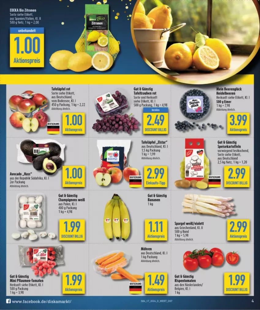 Aktueller Prospekt Diska - von 22.04 bis 27.04.2024 - strona 6 - produkty: aktionspreis, avocado, banane, bananen, beere, beeren, champignon, champignons, discount, eimer, eis, heidelbeere, heidelbeeren, kartoffel, kartoffeln, LG, möhren, pflaume, pflaumen, Pflaumen-Tomaten, reis, rispentomaten, spargel, speisekartoffeln, tafeläpfel, tafeltrauben, Ti, tomate, tomaten, trauben