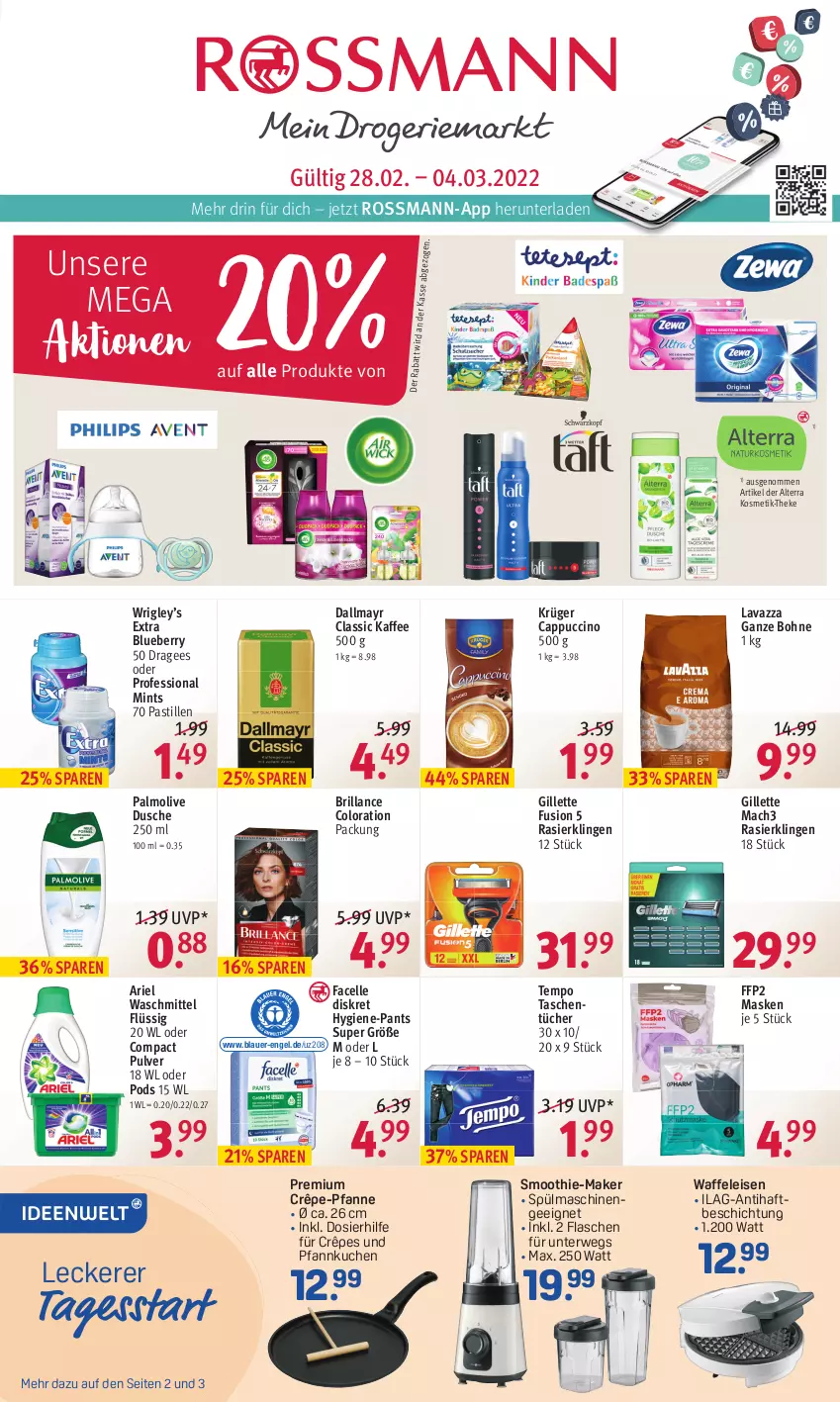 Aktueller Prospekt Rossmann - Prospekte - von 28.02 bis 04.03.2022 - strona 1 - produkty: alterra, ariel, ariel waschmittel, asti, auer, blueberry, bohne, brillance, Cap, cappuccino, cin, Crêpe-Pfanne, dallmayr, dusche, eis, elle, Engel, Facelle, FFP2, flasche, gillette, Hygiene-Pants, ilag, kaffee, kosmetik, krüger, kuchen, lavazza, lavazza ganze bohne, mac, mach3, Maske, mint, olive, palmolive, Pants, pfanne, Pfannkuchen, Pods, Rasierklinge, rasierklingen, rwe, smoothie, spülmaschinen, Tasche, taschen, taschentücher, Tempo, Ti, tücher, Waffeleisen, waschmittel