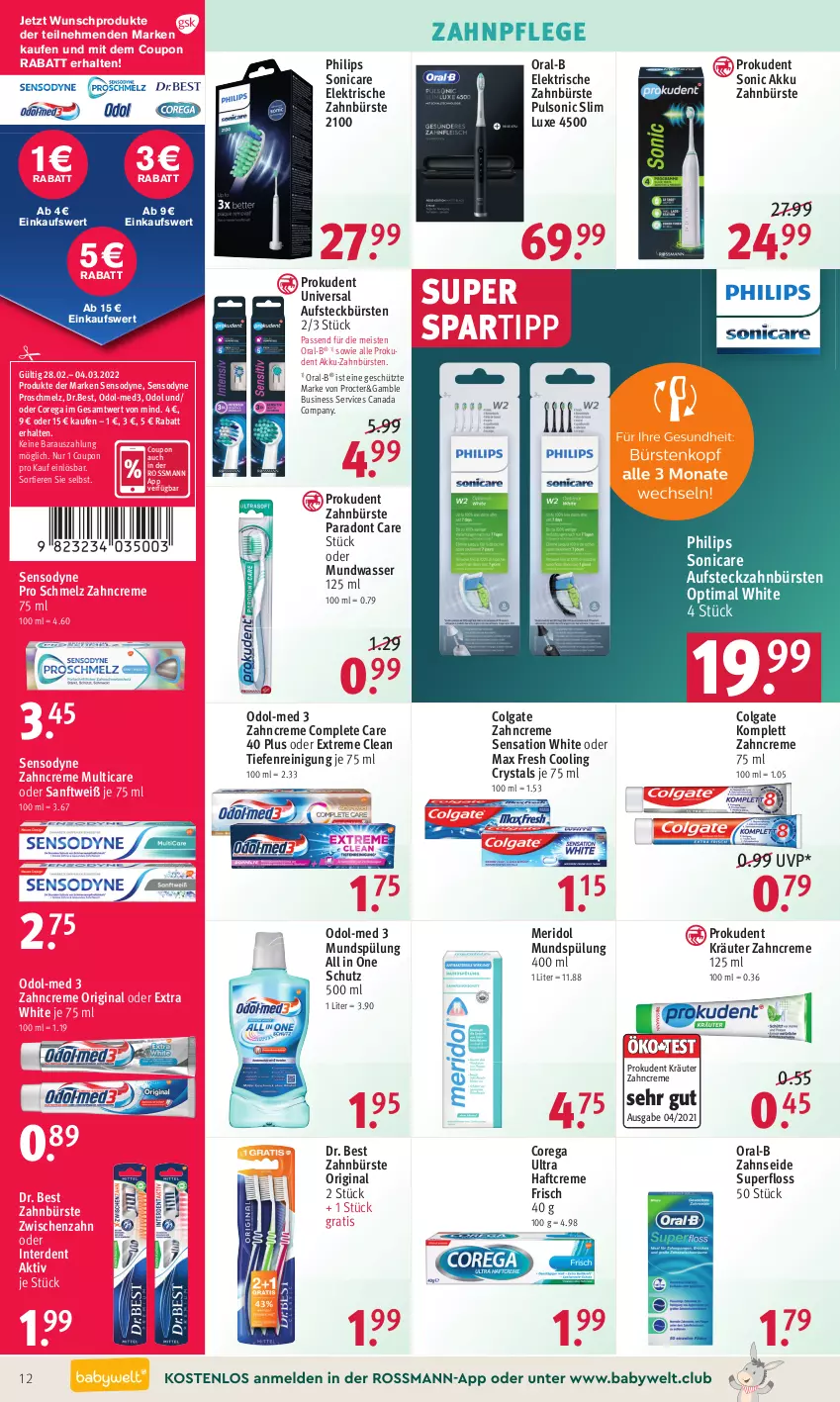 Aktueller Prospekt Rossmann - Prospekte - von 28.02 bis 04.03.2022 - strona 12 - produkty: akku, aufsteckbürsten, bürste, bürsten, colgate, coupon, creme, Dr. Best, eis, elektrische zahnbürste, erde, gin, Haftcreme, HP, kräuter, LG, Max Fresh, meridol, mundspülung, mundwasser, Odol, Odol-med 3, oral-b, Philips, Prokudent, Reinigung, sensodyne, sonicare, spartipp, spülung, Ti, Tiere, wasser, zahnbürste, zahnbürsten, zahncreme, Zahnseide, ZTE