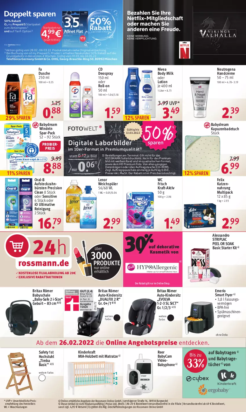 Aktueller Prospekt Rossmann - Prospekte - von 28.02 bis 04.03.2022 - strona 16 - produkty: angebot, angebote, angebotspreis, auer, auto, babydream, Babyphone, Bad, badetuch, bett, bier, body, body milk, brita, bürste, bürsten, creme, decke, deo, deospray, deospray 150 ml, dusche, eis, elle, Engel, felix, handcreme, Holz, katzennahrung, Kinder, Kindersitz, kosmetik, kraft, lenor, LG, Lotion, matratze, ndk, neutrogena, nivea, oral-b, quad, Reinigung, reis, roll-on, Schal, Schale, spülmaschinen, stuhl, Tasche, teller, Ti, tisch, tuc, tücher, versandkostenfrei, wc frisch, wedel, weichspüler, windeln