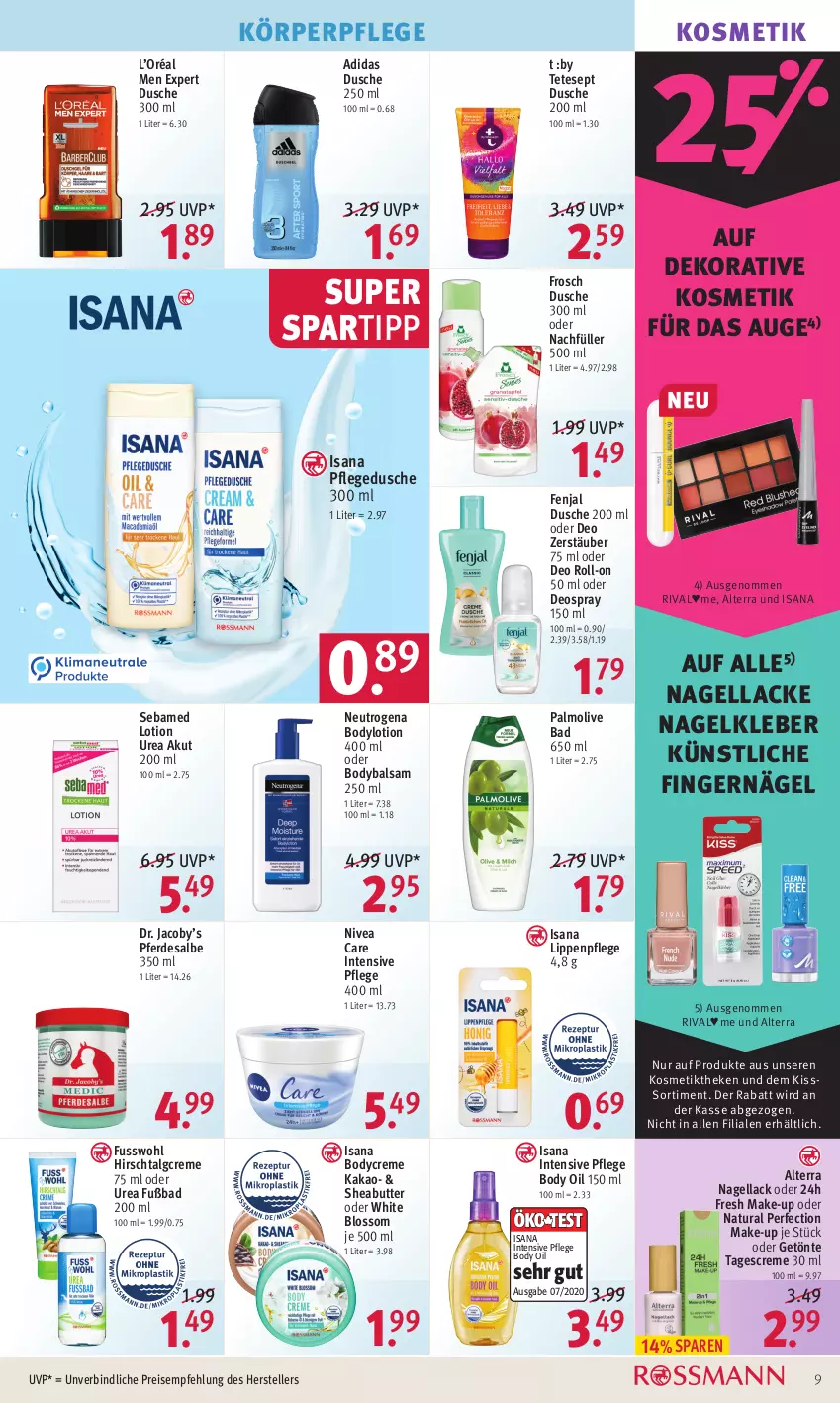 Aktueller Prospekt Rossmann - Prospekte - von 28.02 bis 04.03.2022 - strona 9 - produkty: Adidas, alterra, Bad, balsam, body, bodylotion, butter, creme, deo, deo roll-on, deospray, deospray 150 ml, dusche, eis, elle, erde, Frosch, Fusswohl, isana, kakao, kleber, körperpflege, kosmetik, lack, Lacke, LG, Lippenpflege, Lotion, Make-up, Nagellack, natur, natura, neutrogena, nivea, oder deo roll-on, oder deospray, olive, palmolive, pflegedusche, reis, roll-on, sana, sebamed, Sheabutter, spartipp, tagescreme, teller, Ti